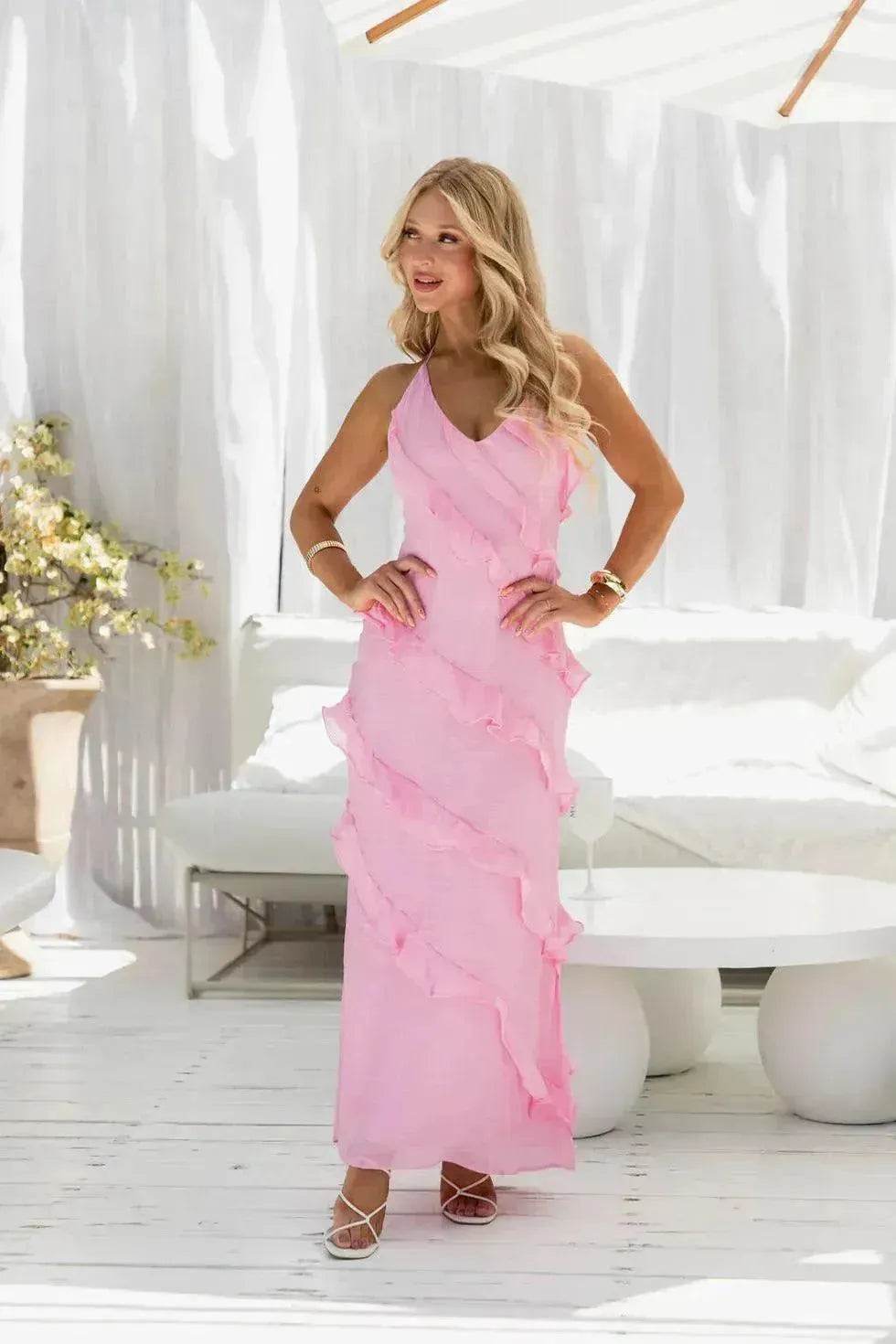 European And American Multi-layer Wooden Ear Backless Halter Party Long Dress