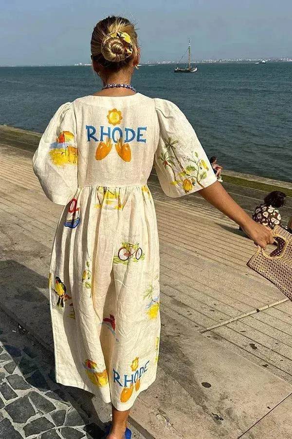 European And American Spring And Summer Casual Puff Sleeve Dress Loose Vacation Midi Dress