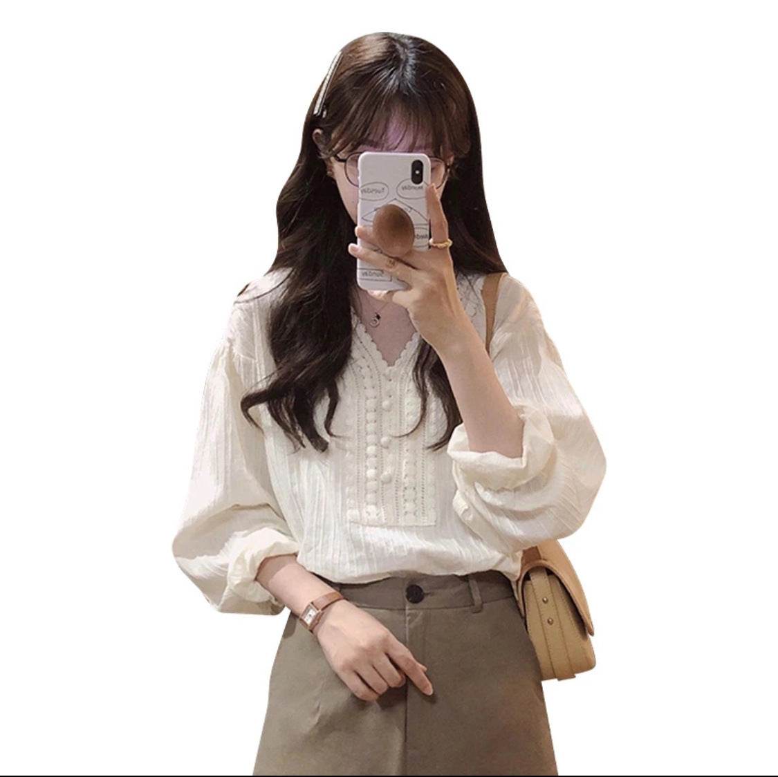 Unique Chic V-neck Long-sleeved Linen blouse top women