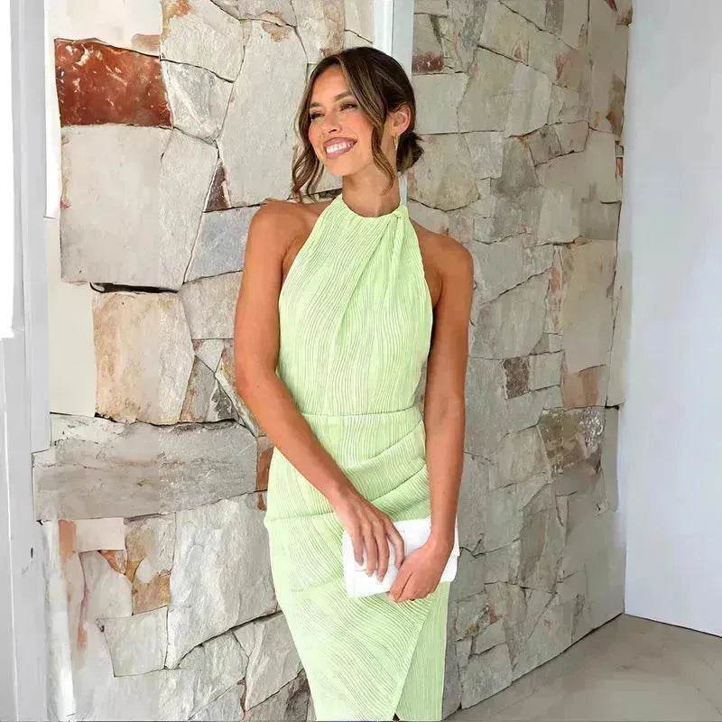 Halter Neck Split Long Dress Summer Slim Fit Backless Dresses Solid Split High neck Long Bodycon Dress Women's Clothing