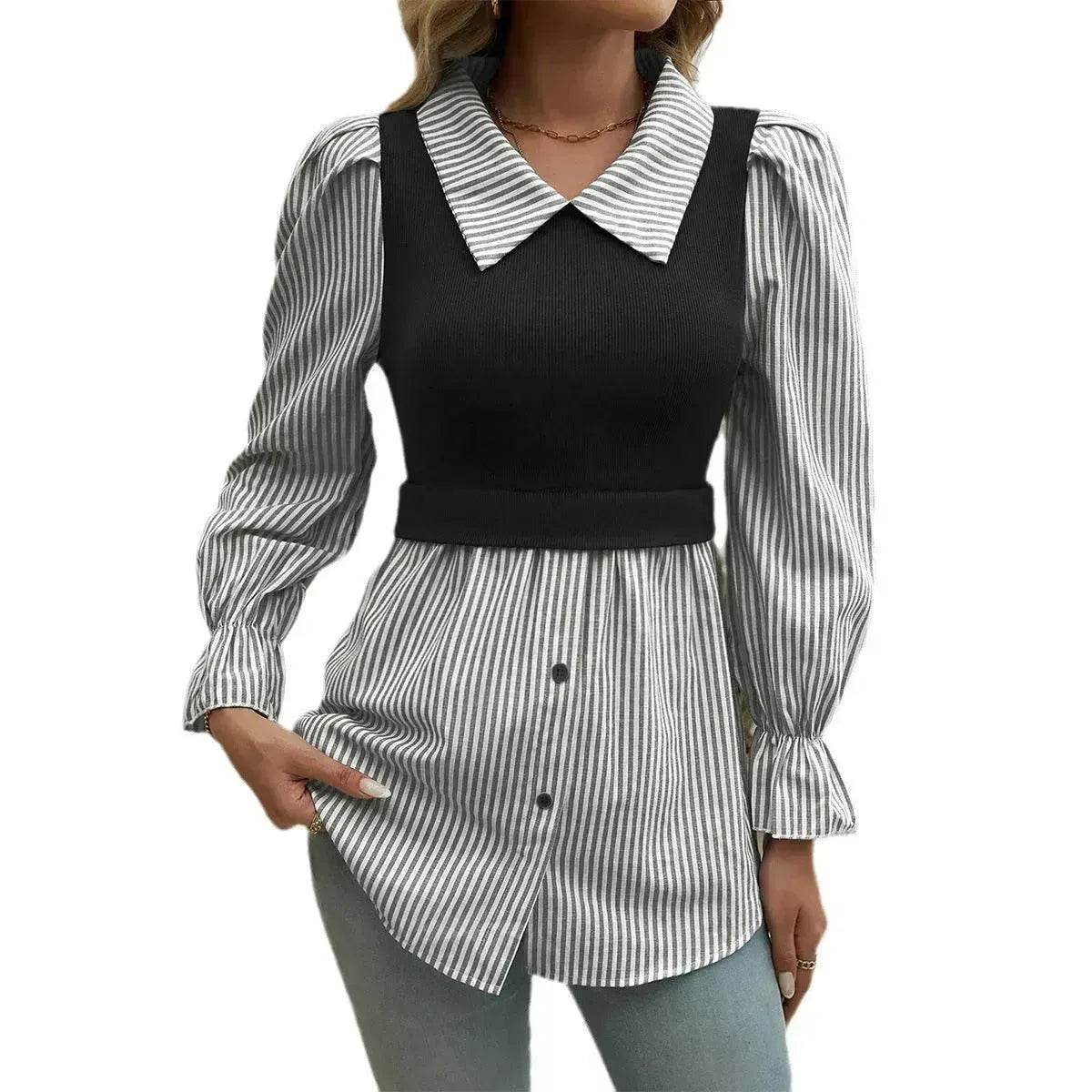 Women's Casual Contrast Color Stitching Long Sleeve Collar Ladies Evening Top