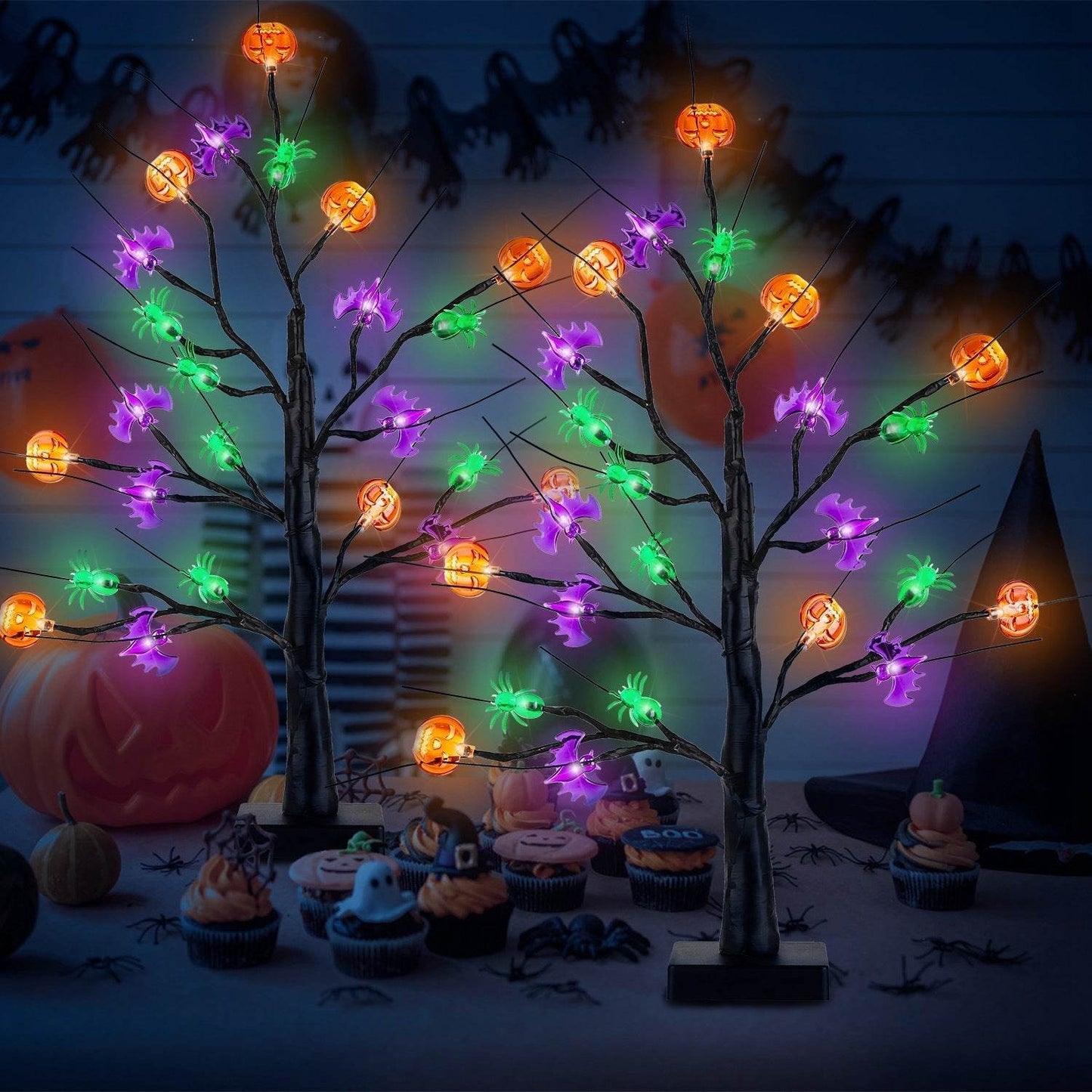 2Pack 1.97FT Lighted Halloween Trees Halloween Indoor Decorations Black Halloween Tree Lights With Timer Adjustable Twigs For Tabletop Party