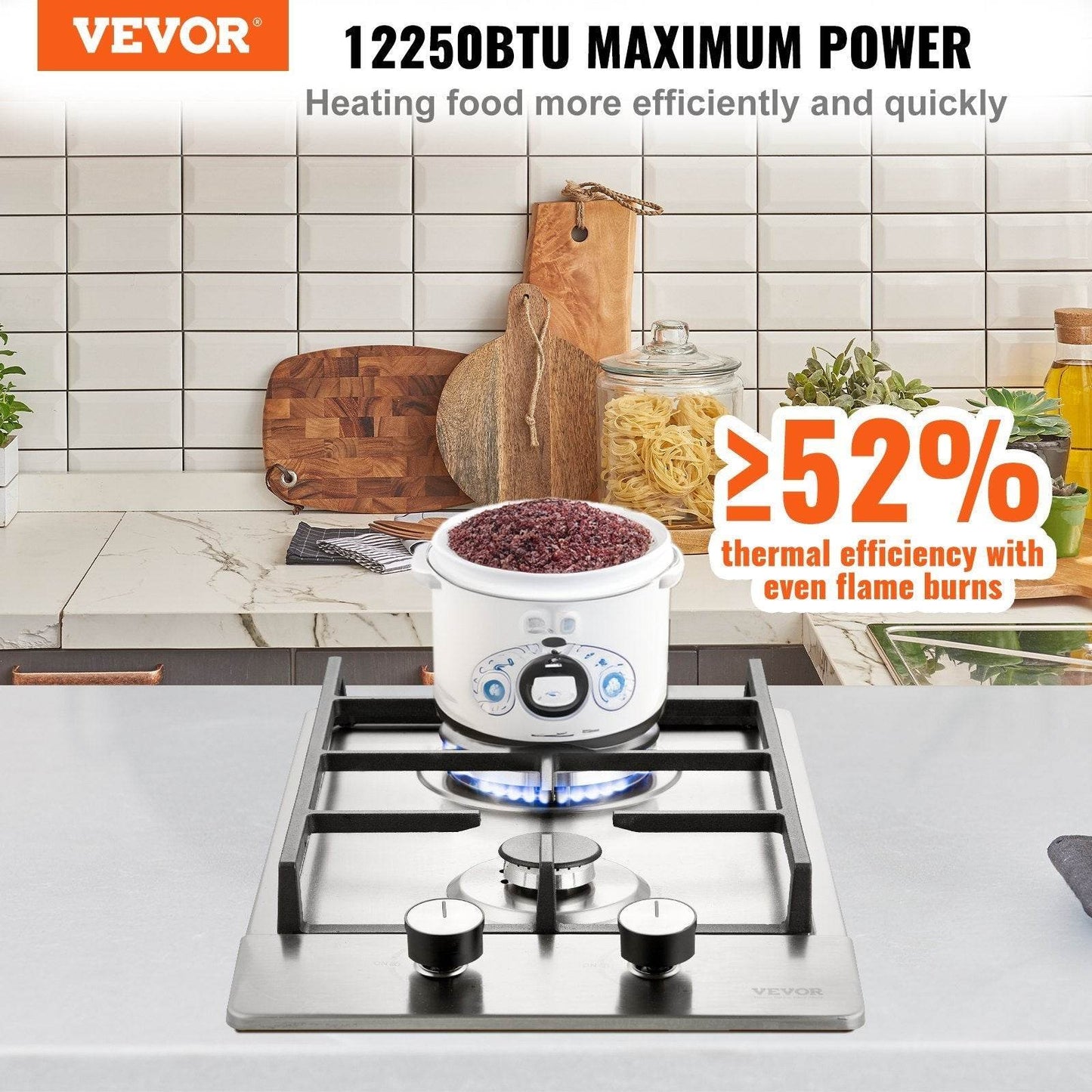 Gas Cooktop 12 Inch, Max 12250BTU 2 Burners Built-in Stainless Steel Gas Stove Top, LPG NG Convertible Dual Fuel Natural Gas Hob With Thermocouple Protection