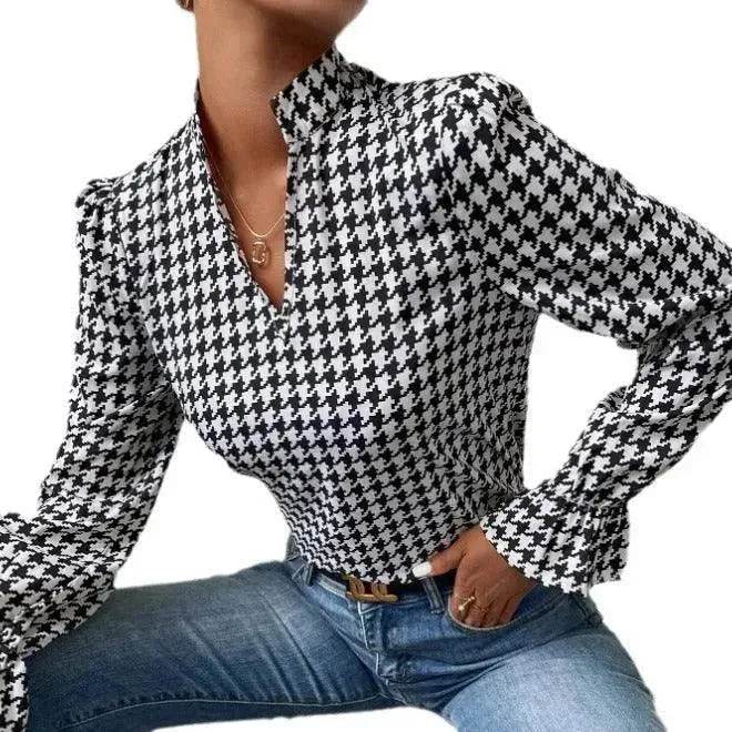 Haut à manches longues col en V pied-de-poule pour femme