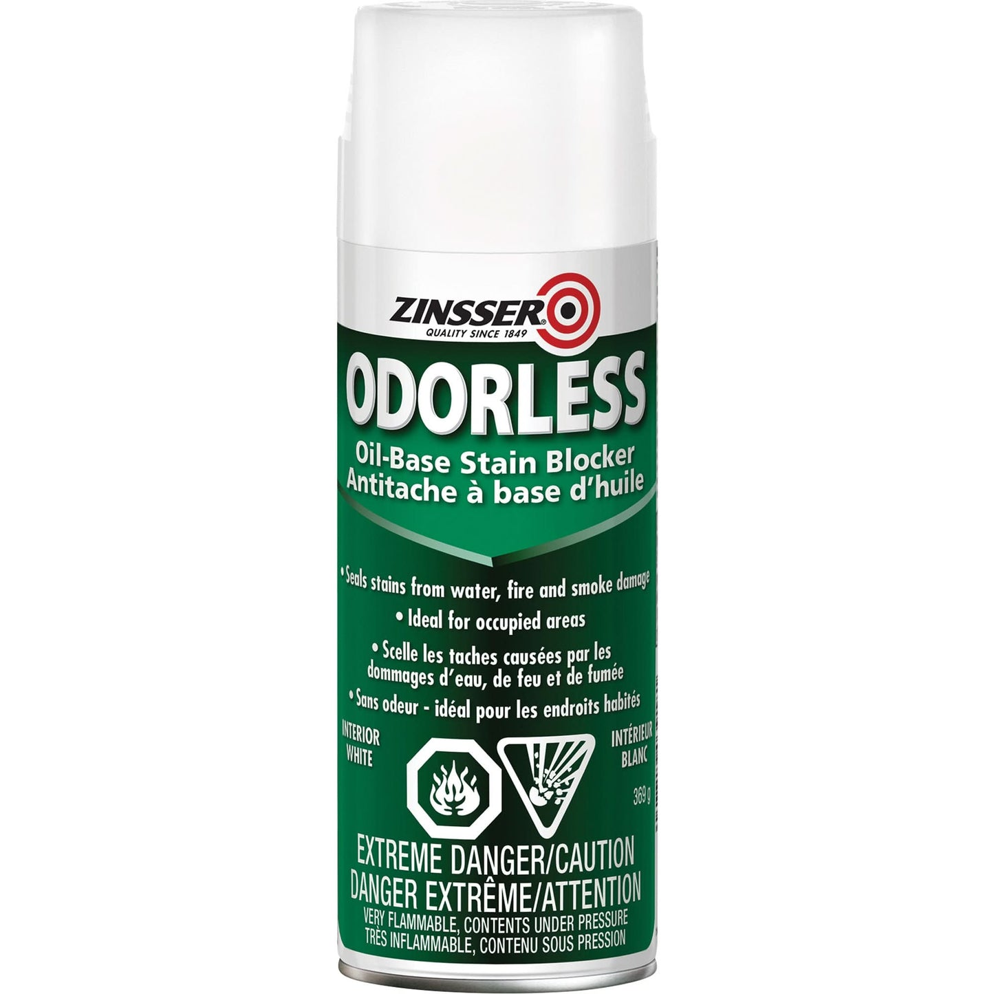 Odourless Oil-Base Stain Blocking Primer, White, Very Flat, Aerosol Can