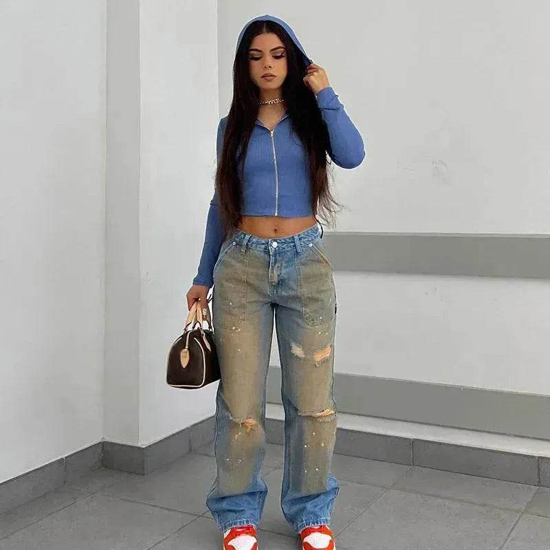 Pantalon en jean pour femme, coupe droite ample, style streetwear