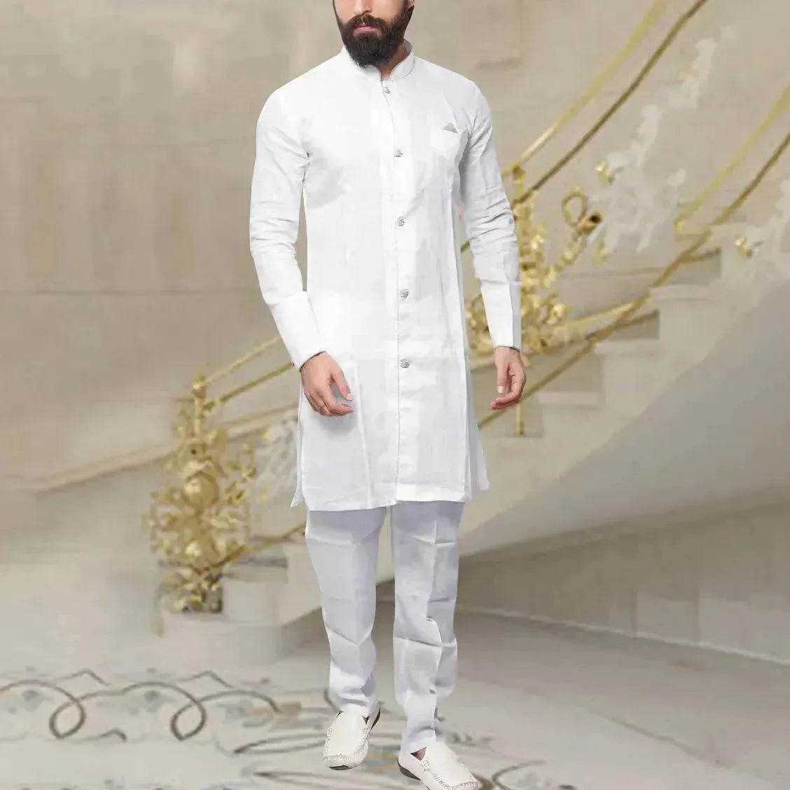 Chemise longue en lin boutonnée pour homme (style arabe/moyen-oriental)