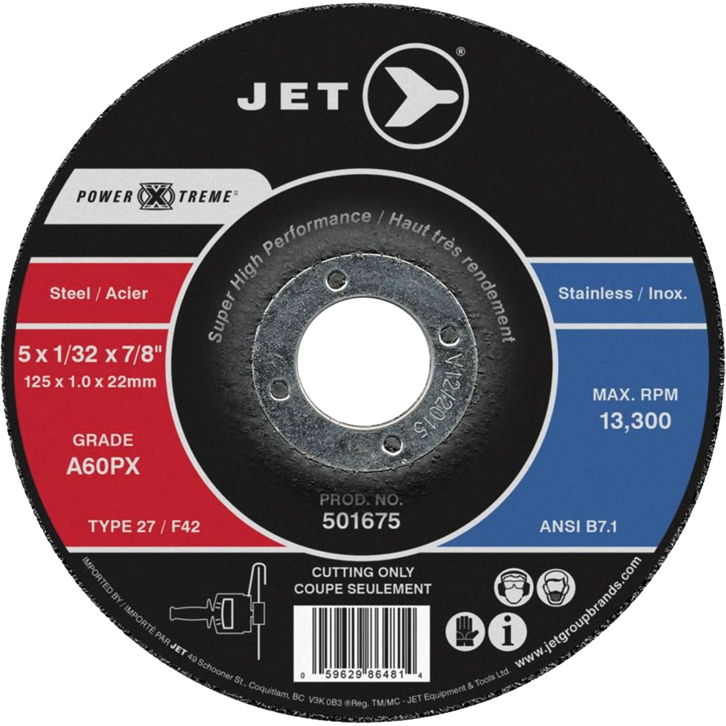 A46PX Power-Xtreme Cut-Off Wheel, 5" x 0.062", 7/8" Arbor, Type 27, 13300 RPM