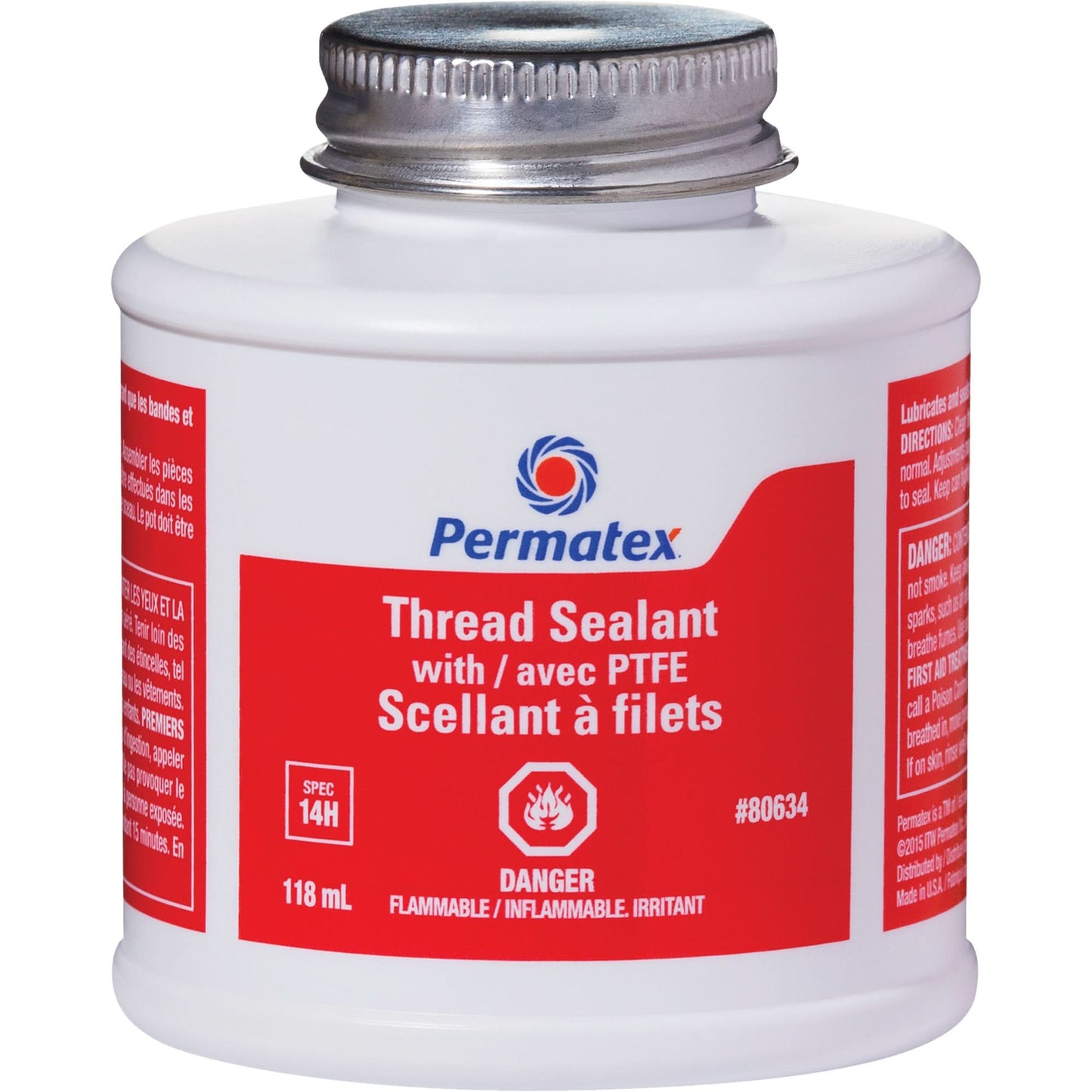 Thread Sealant with PTFE, Brush Top Bottle, 118 ml, -54°C - 150°C/-65°F - 300°F