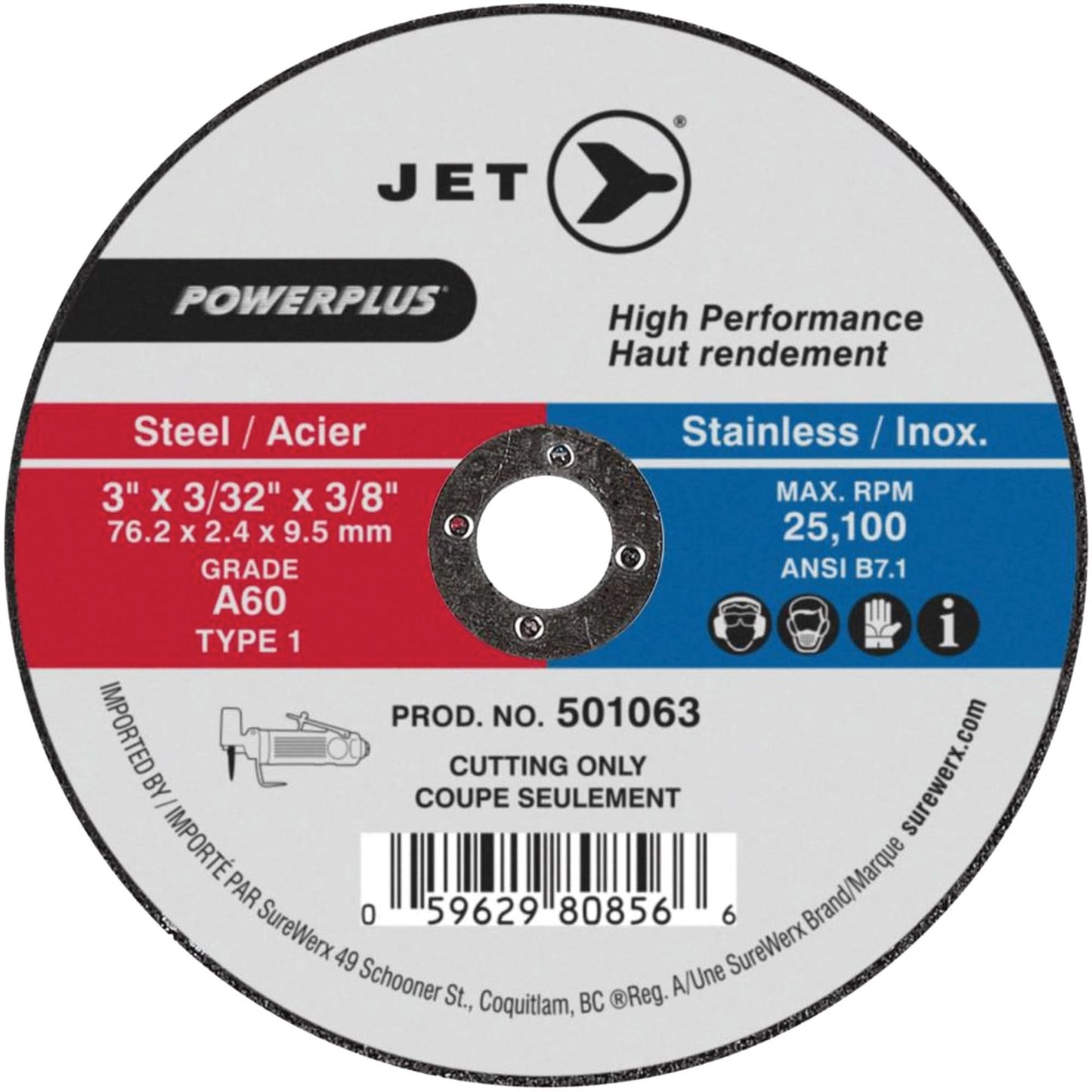 POWERPLUS Cut-Off Wheel, 3" x 3/32", 3/8" Arbor, Type 1, 25100 RPM