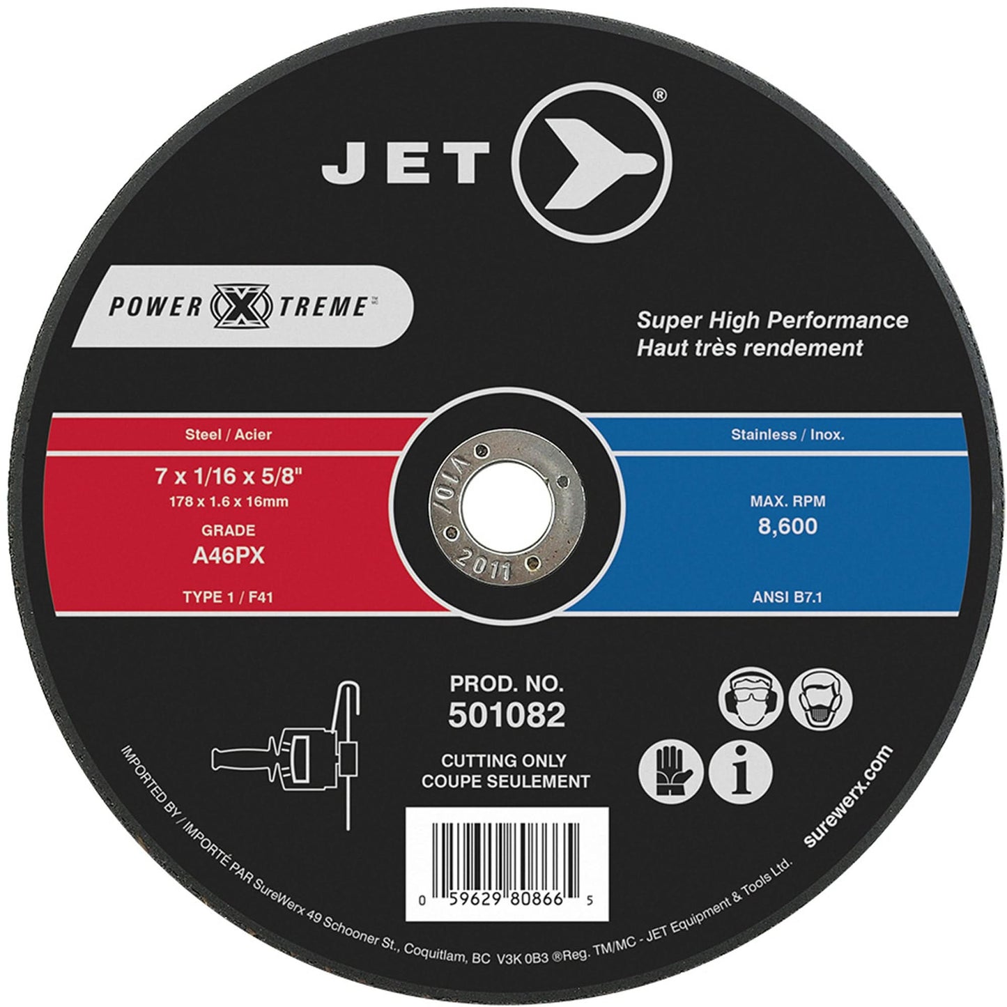 POWER-XTREME Cut-Off Wheel, 7" x 1/16", 5/8" Arbor, Type 1, 8600 RPM