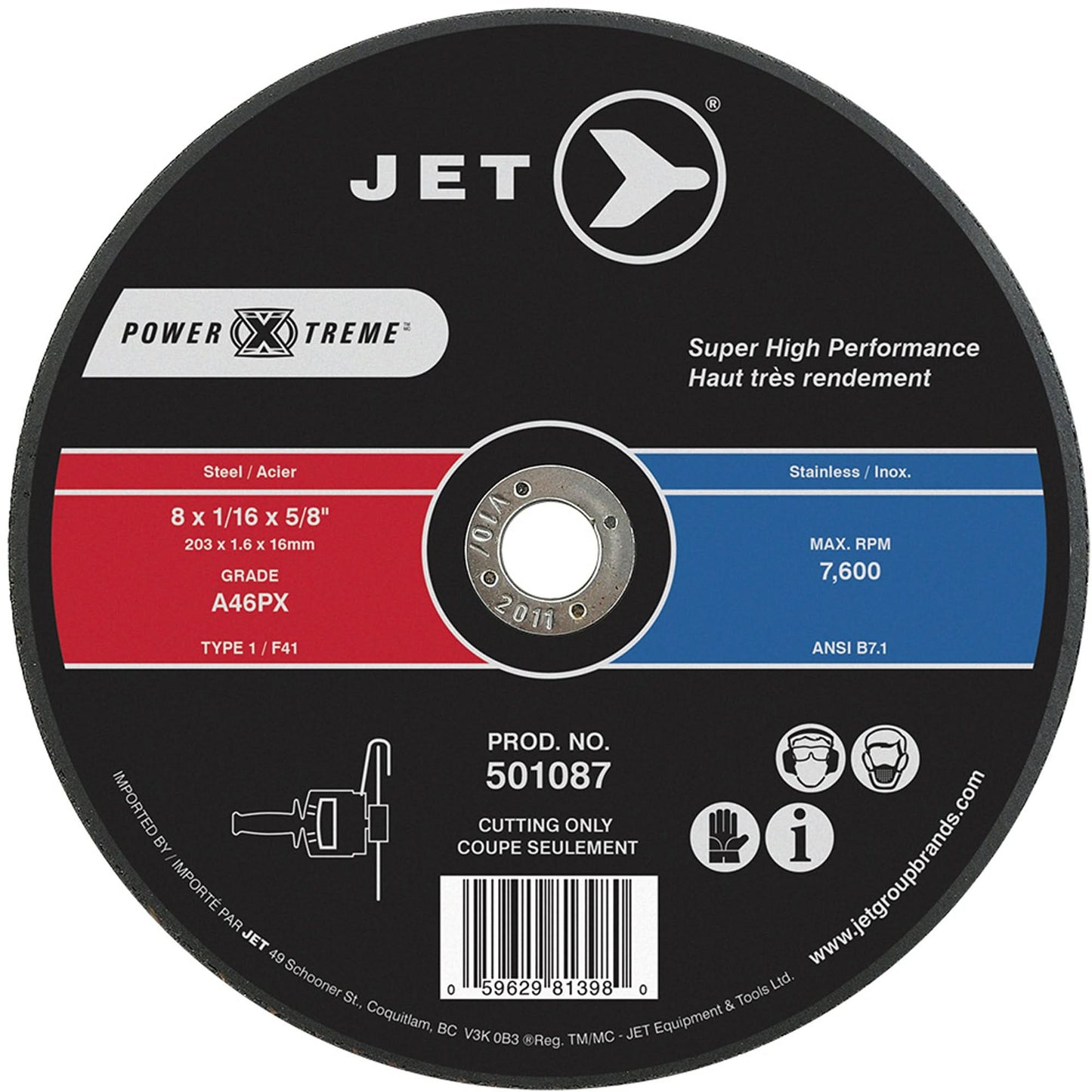 POWER-XTREME Cut-Off Wheel, 8" x 1/16", 5/8" Arbor, Type 1, 7600 RPM