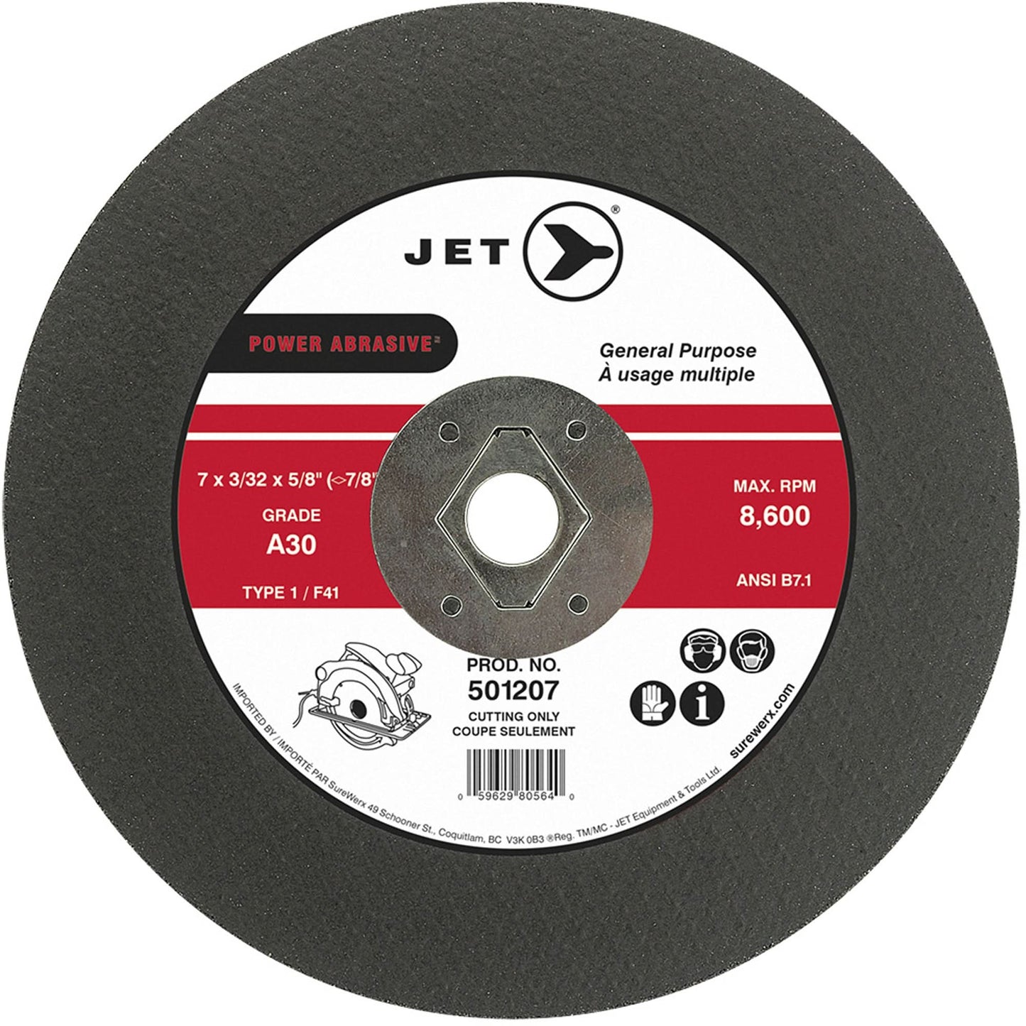 Power Abrasive Cut-Off Wheel, 7" x 3/32", 5/8" Arbor, Type 1, 8600 RPM