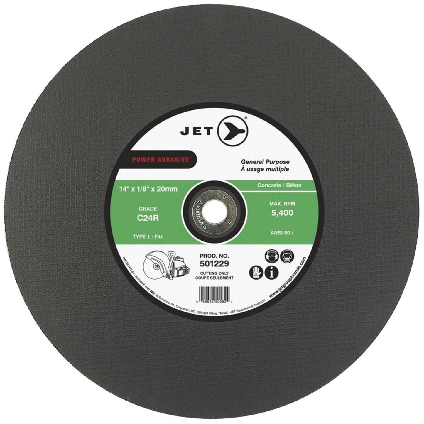 Power Abrasive Cut-Off Wheel, 14" x 1/8", 1" Arbor, Type 1, 5400 RPM
