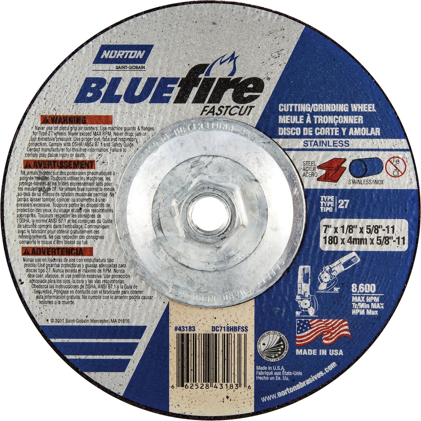 Bluefire® Fastcut™ Depressed Centre Wheel, 7" x 1/8", 5/8"-11 Arbor, Aluminum Oxide/Zirconia Alumina, Type 27