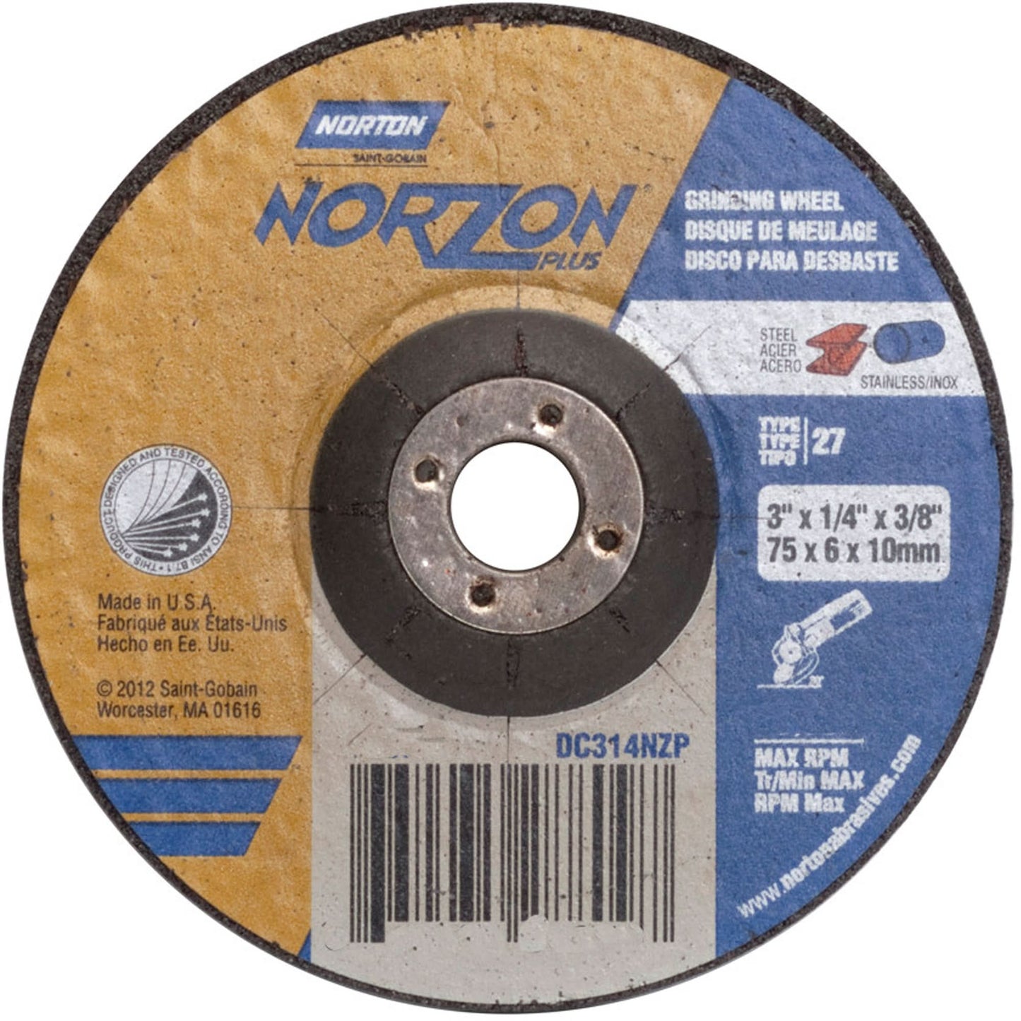 Norzon Plus® Grinding Wheels, 3" x 1/4", 3/8" Arbor, Ceramic Alumina, Type 27