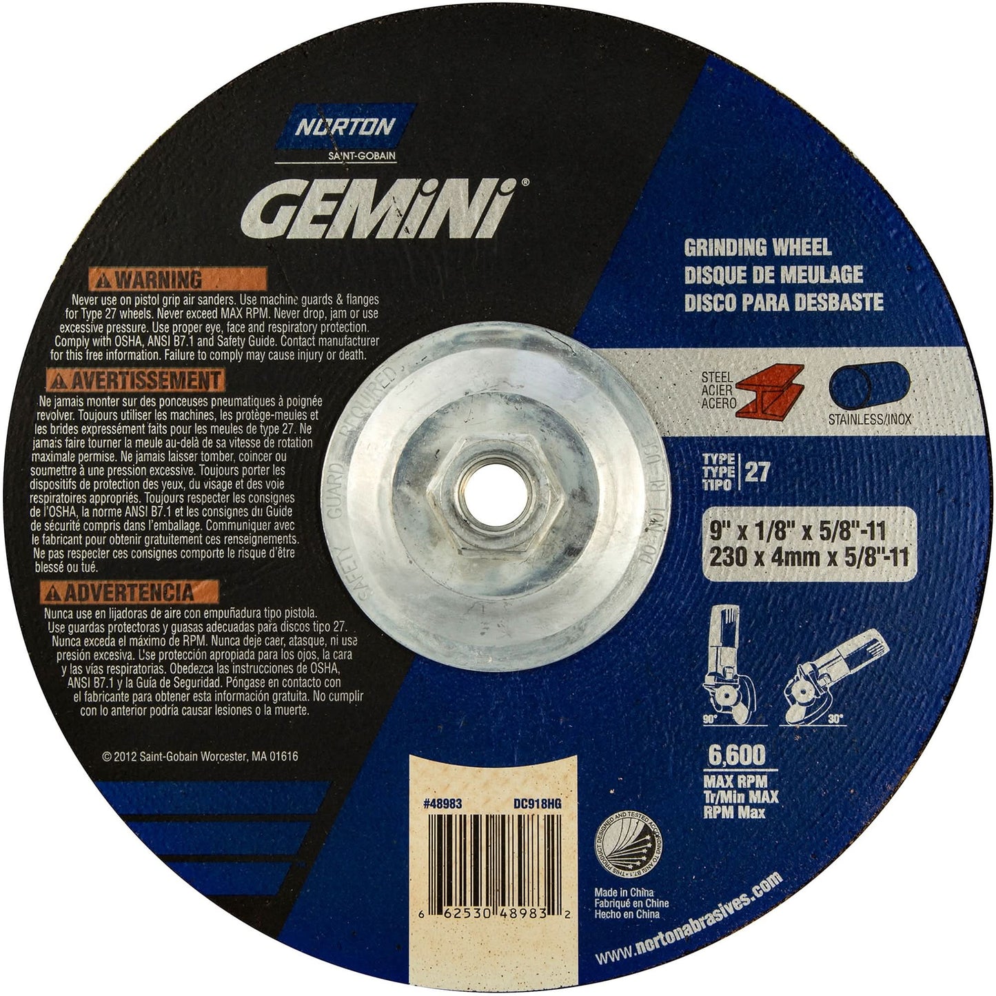 Gemini® Grinding and Cutting Wheel, 9" x 1/8", 5/8"-11 Arbor, Type 27, Aluminum Oxide, 6600 RPM
