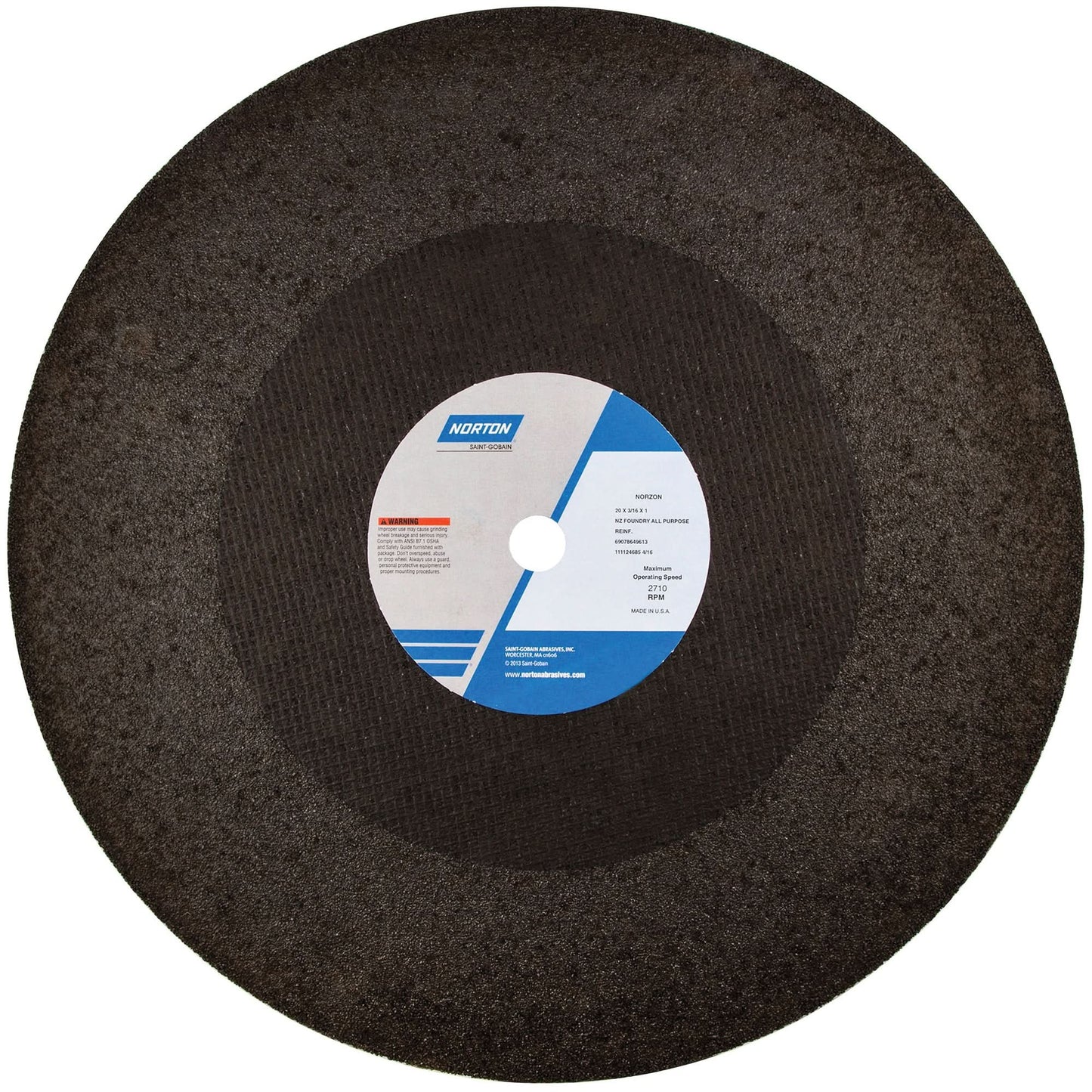 Reinforced Foundry Cut-Off Wheel, 20" x 3/16", 1" Arbor, Type 01/41, Zirconia Alumina, 2710 RPM