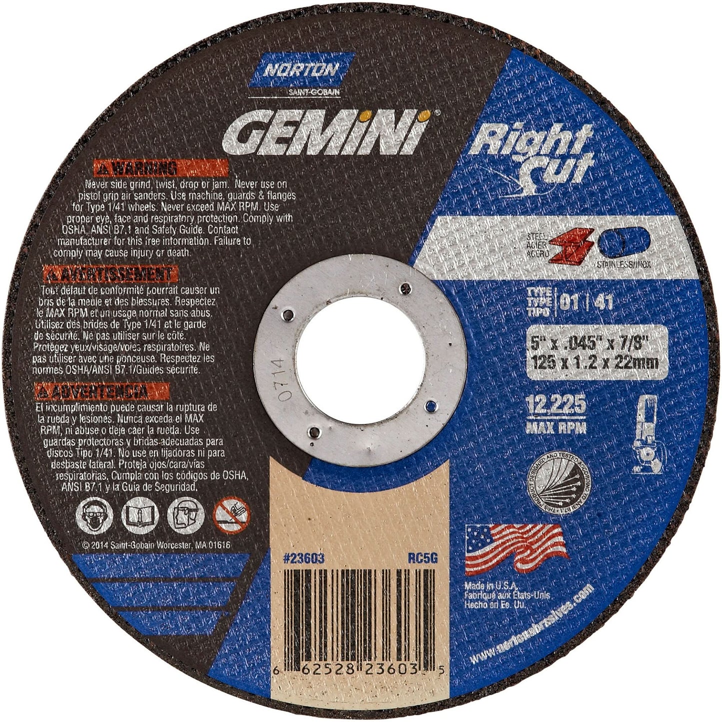 Right Angle Cut-Off Wheel, 5" x 0.045", 7/8" Arbor, Type 01/41, Aluminum Oxide, 12225 RPM