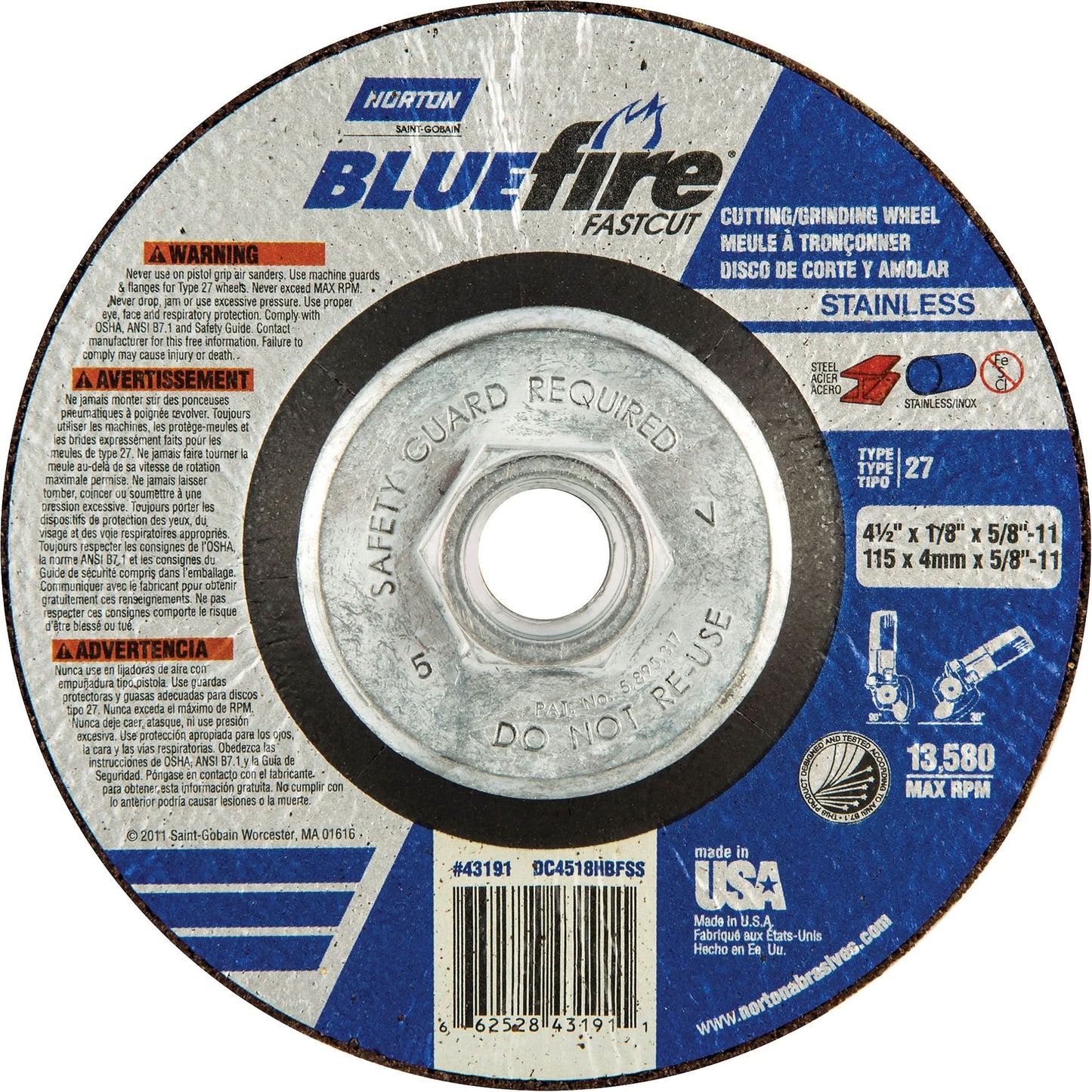 BlueFire® Grinding and Cutting Wheels, 4-1/2" x 1/8", 5/8"-11 Arbor, Zirconia Alumina, Type 27