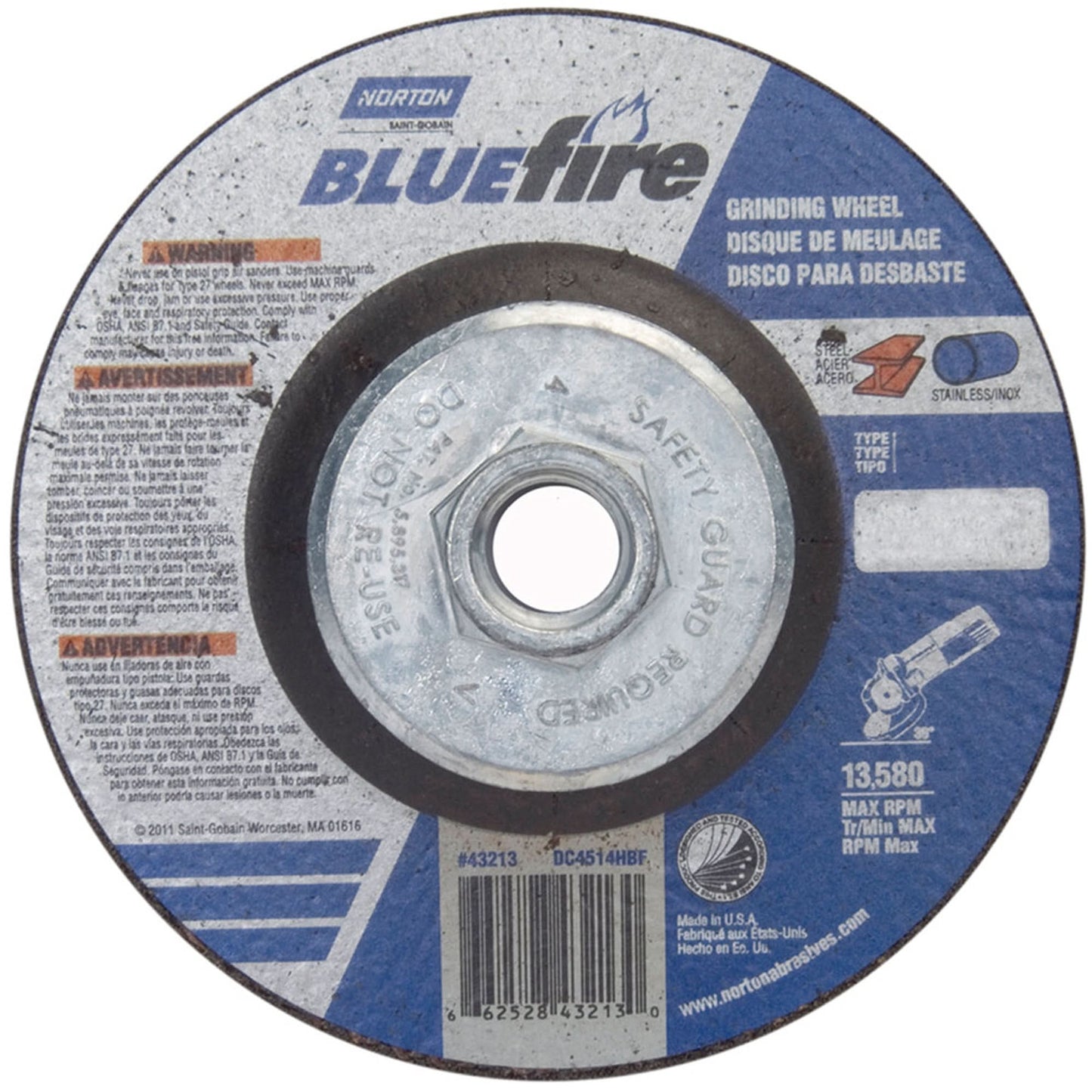 Meules BlueFire®, 4-1/2" x 1/4", alésage 5/8"-11, oxyde de zirconium-alumine, Type 27