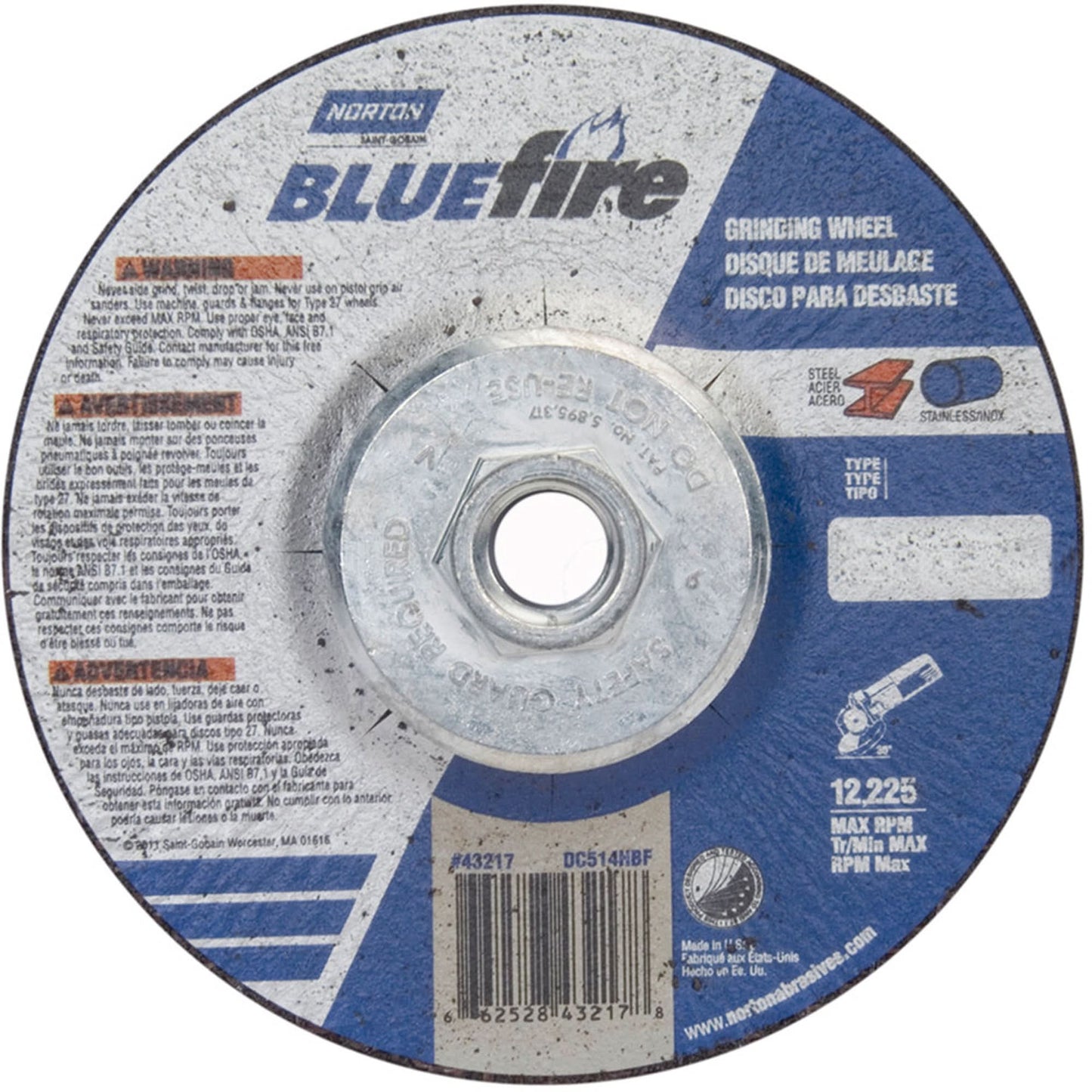 BlueFire® Grinding Wheels, 5" x 1/4", 5/8"-11 Arbor, Zirconia Alumina, Type 27