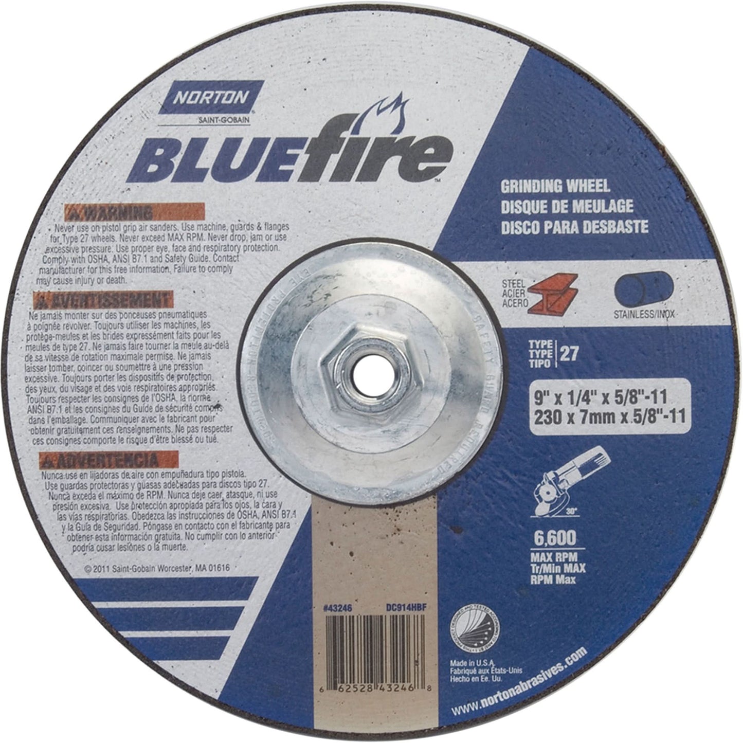 BlueFire® Grinding Wheels, 9" x 1/4", 5/8"-11 Arbor, Zirconia Alumina, Type 27