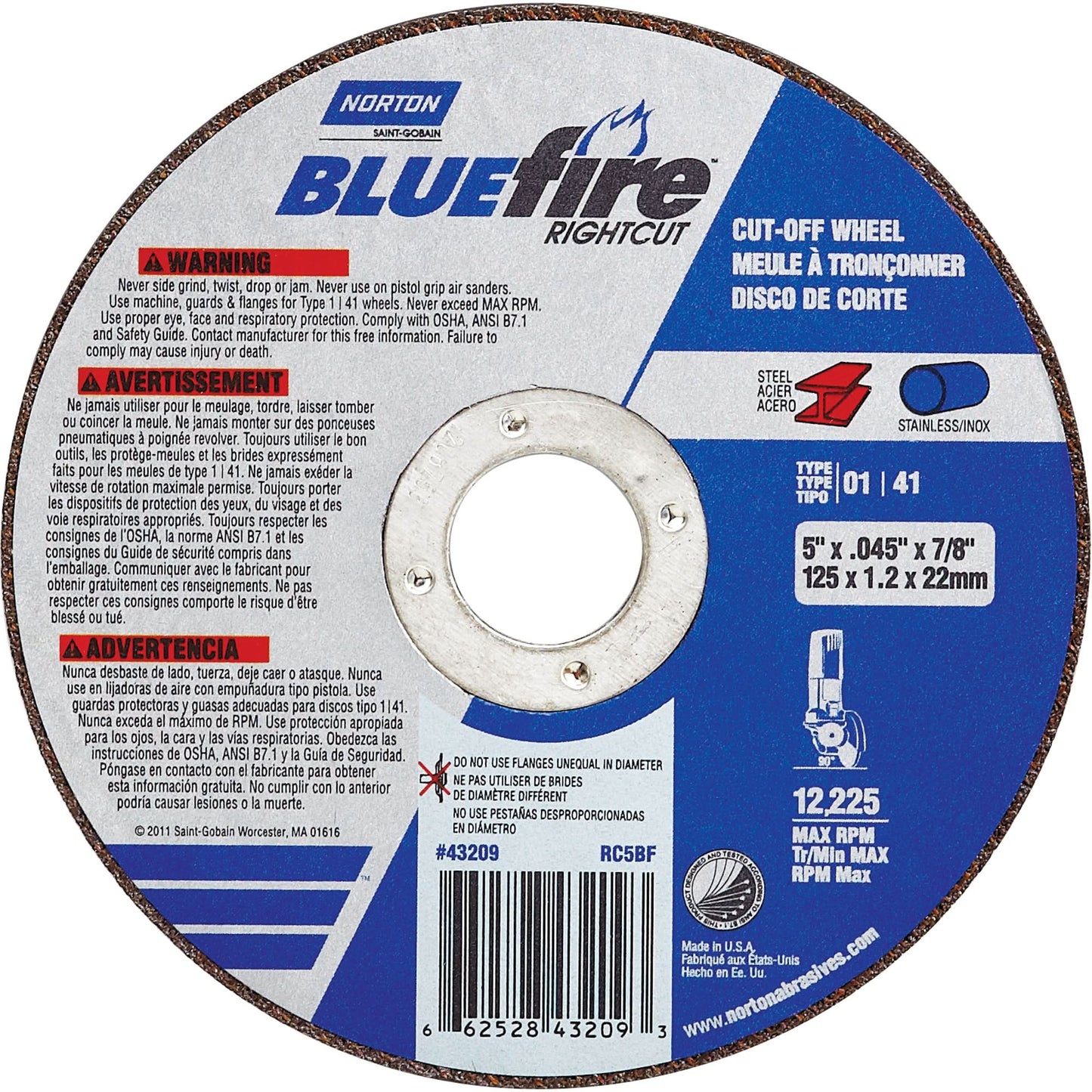 BlueFire® Cut-off Wheel, 6" x 0.045"/1/16", 7/8" Arbor, Type 27/42, Aluminum Oxide/Zirconium, 10185 RPM
