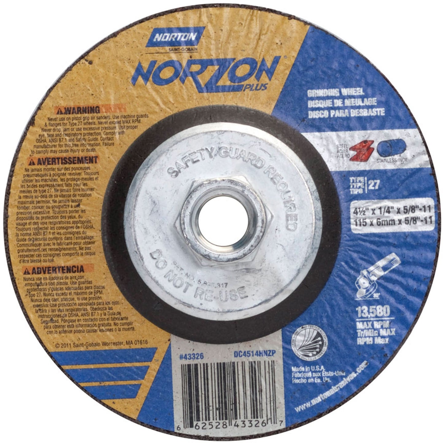 Norzon Plus® Grinding Wheels, 4-1/2" x 1/4", 5/8"-11 Arbor, Ceramic Alumina, Type 27