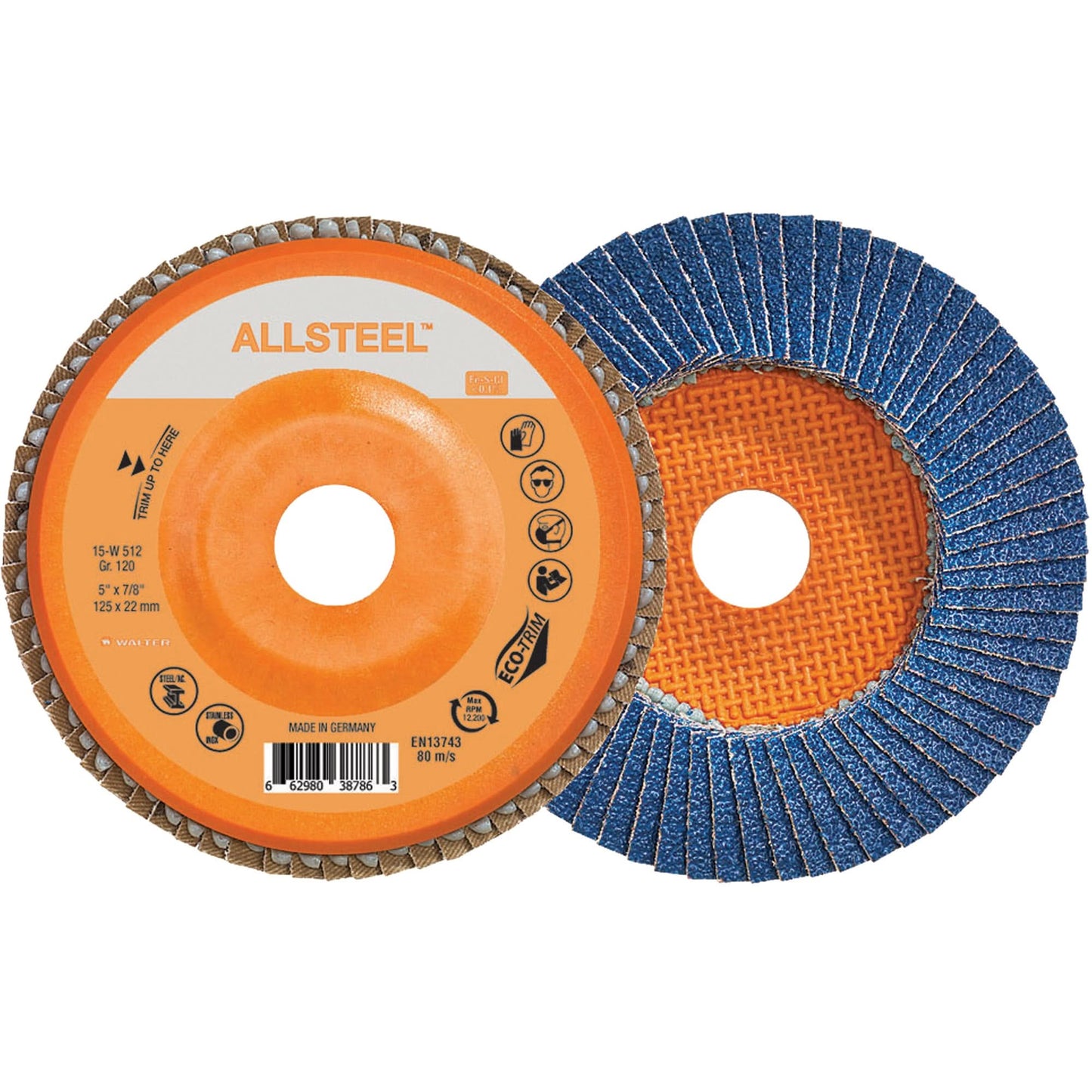 AllSteel™ Flap Disc, 5" x 7/8", Type 27, 120 Grit, Zirconia Alumina