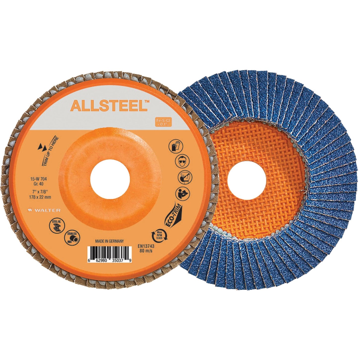 AllSteel™ Flap Disc, 7" x 7/8", Type 27, 40 Grit, Zirconia Alumina