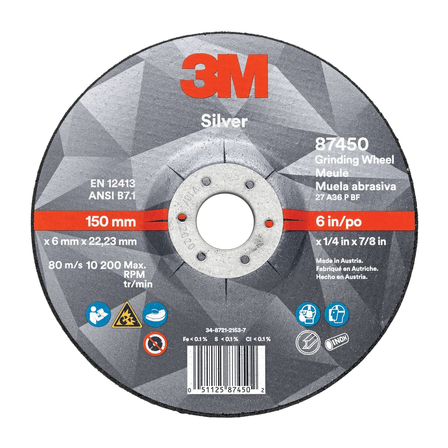 Silver Depressed Centre Grinding Wheel, 9" x 1/4", 7/8" Arbor, Ceramic, Type 27