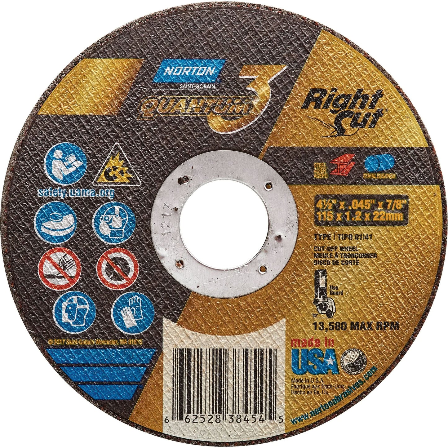 Quantum3™ RightCut™ Cut-Off Wheel, 4-1/2" x 0.045", 7/8" Arbor, Type 1, Aluminum Oxide/Ceramic, 13580 RPM