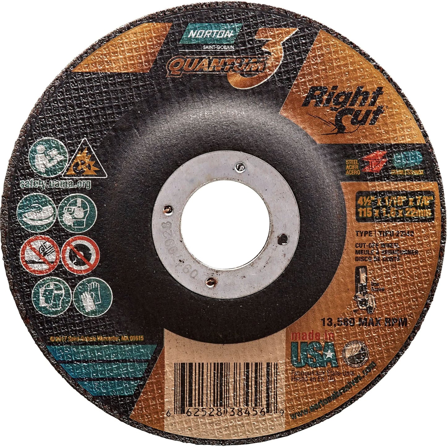 Quantum3™ RightCut™ Cutting Wheel, 4-1/2" x 1/16", 7/8" Arbor, Type 27, Ceramic Alumina, 13580 RPM