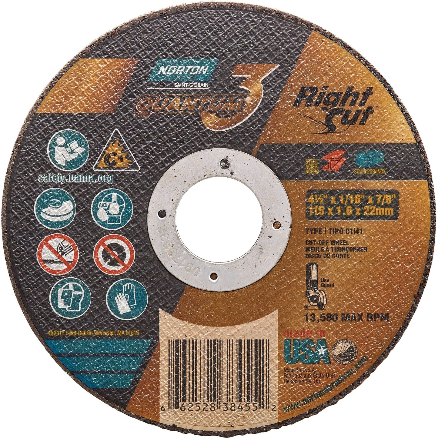 Quantum3™ RightCut™ Cut-Off Wheel, 4-1/2" x 1/16", 7/8" Arbor, Type 01/41, Ceramic Alumina, 13580 RPM