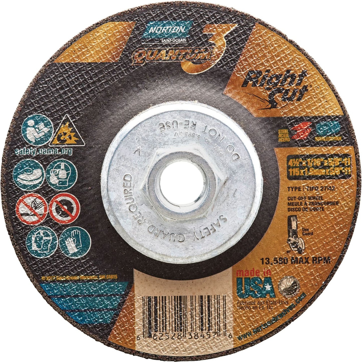 Disque à tronçonner Quantum3™ RightCut™, 4-1/2" x 1/16", arbre 5/8"-11, Type 27/42, oxyde d'aluminium céramique, 13580 tr/min