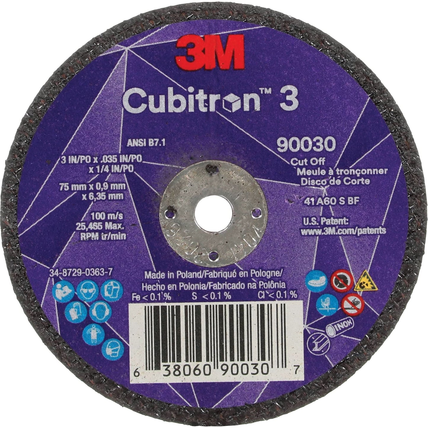 Cubitron™ 3 Cut-Off Wheel, 3" x 0.035", 1/4" Arbor, Type T1, Ceramic, 21000 RPM