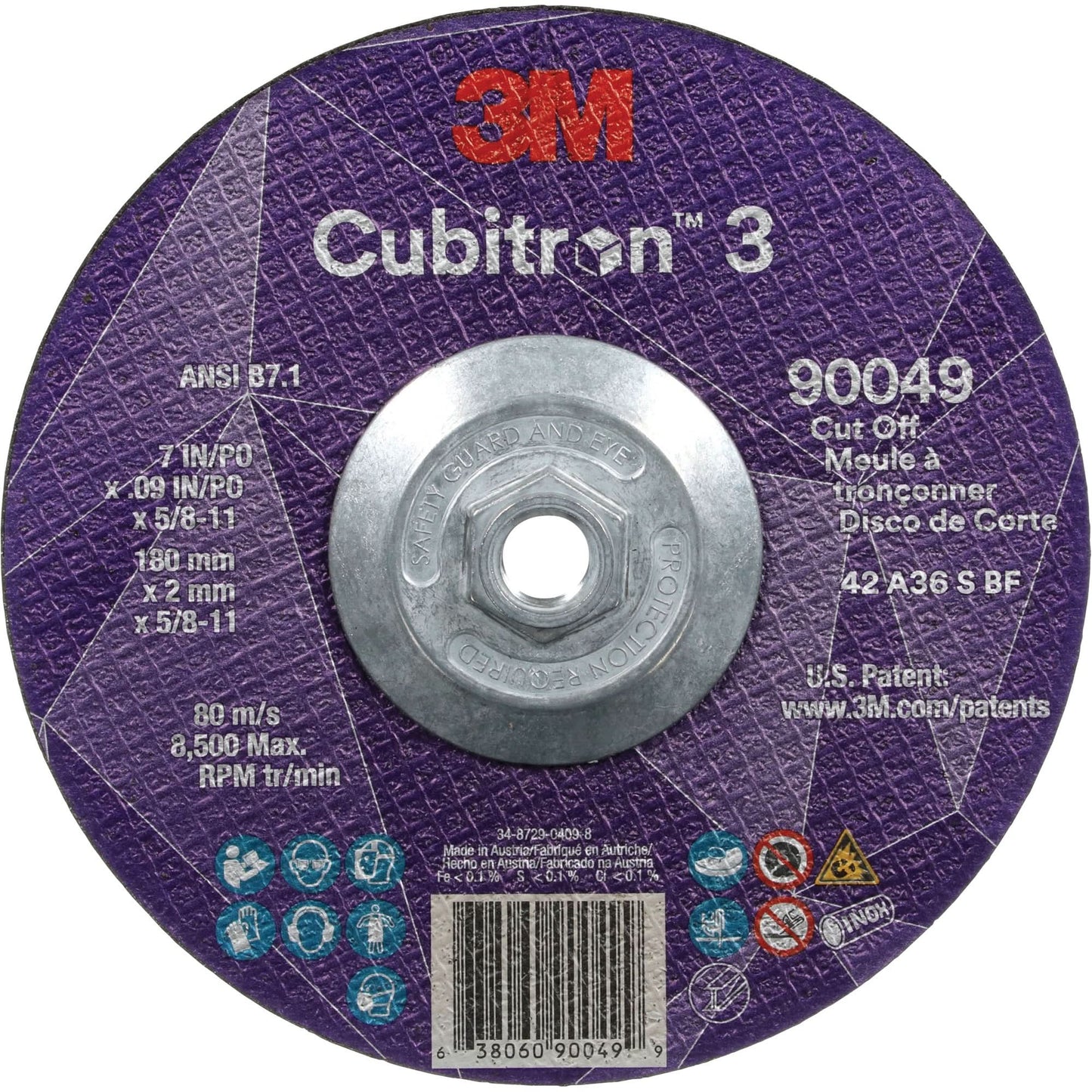 Cubitron™ 3 Cut-Off Wheel, 7" x 0.09", 5/8"-11 Arbor, Type T27, Ceramic, 8500 RPM