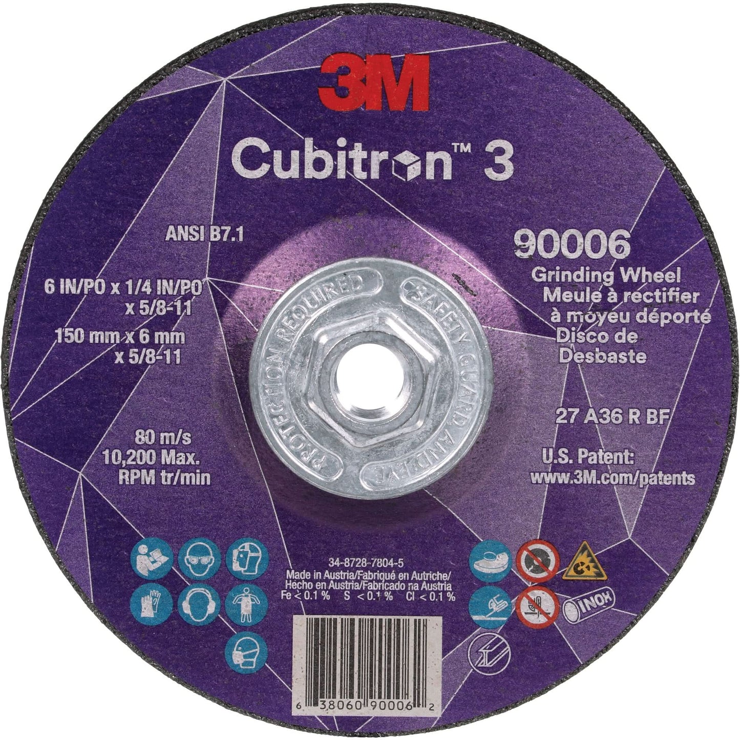 Cubitron™ 3 Depressed Centre Grinding Wheel, 6" x 0.25", 5/8"-11 Arbor, Ceramic, Type T27