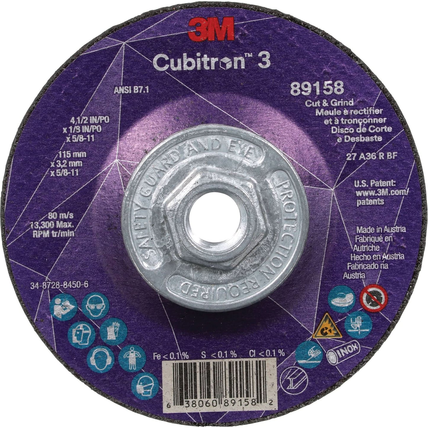 Cubitron™ 3 Cut and Grind Wheel, 4-1/2" x 1/8", 5/8"-11 Arbor, Type 27, 36 Grit, Ceramic
