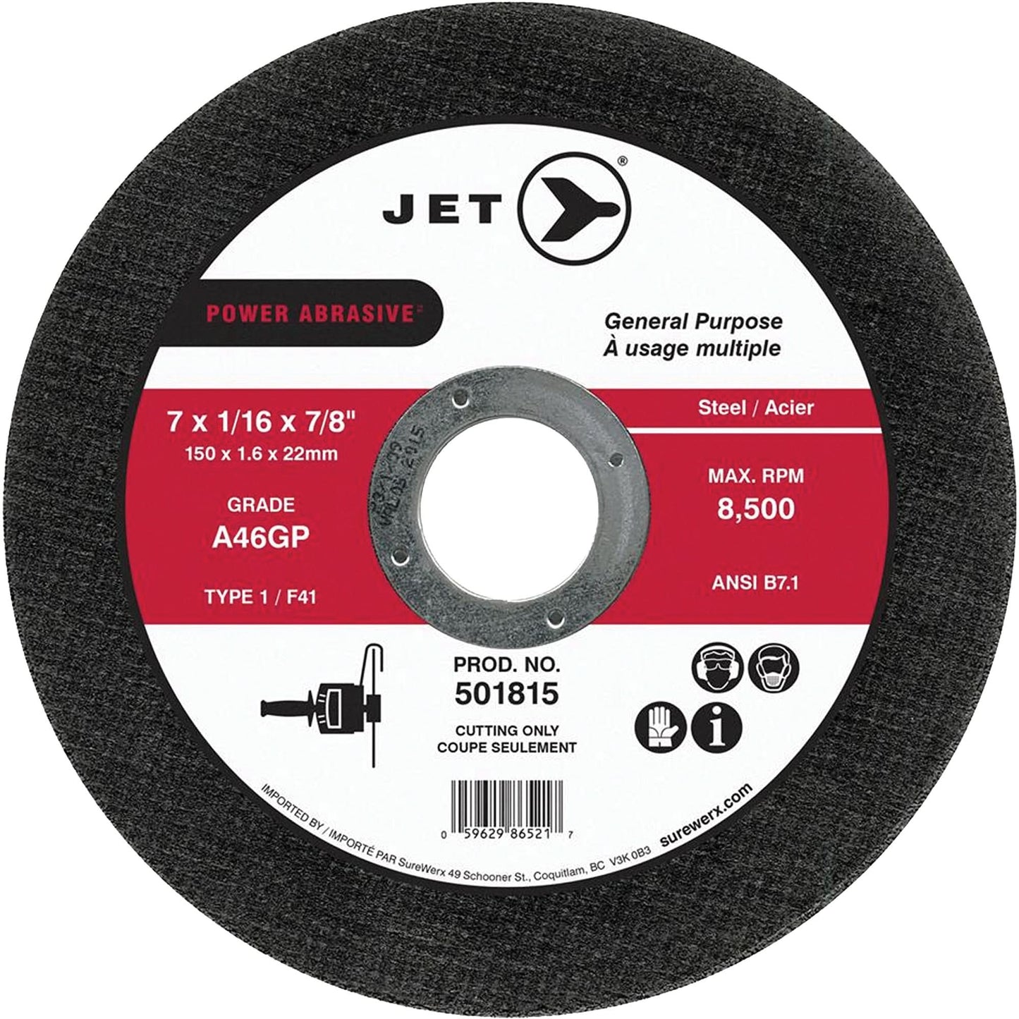 Power Abrasive A46GP Cut-Off Wheel, 7" x 1/16", 7/8" Arbor, Type 1, 8500 RPM