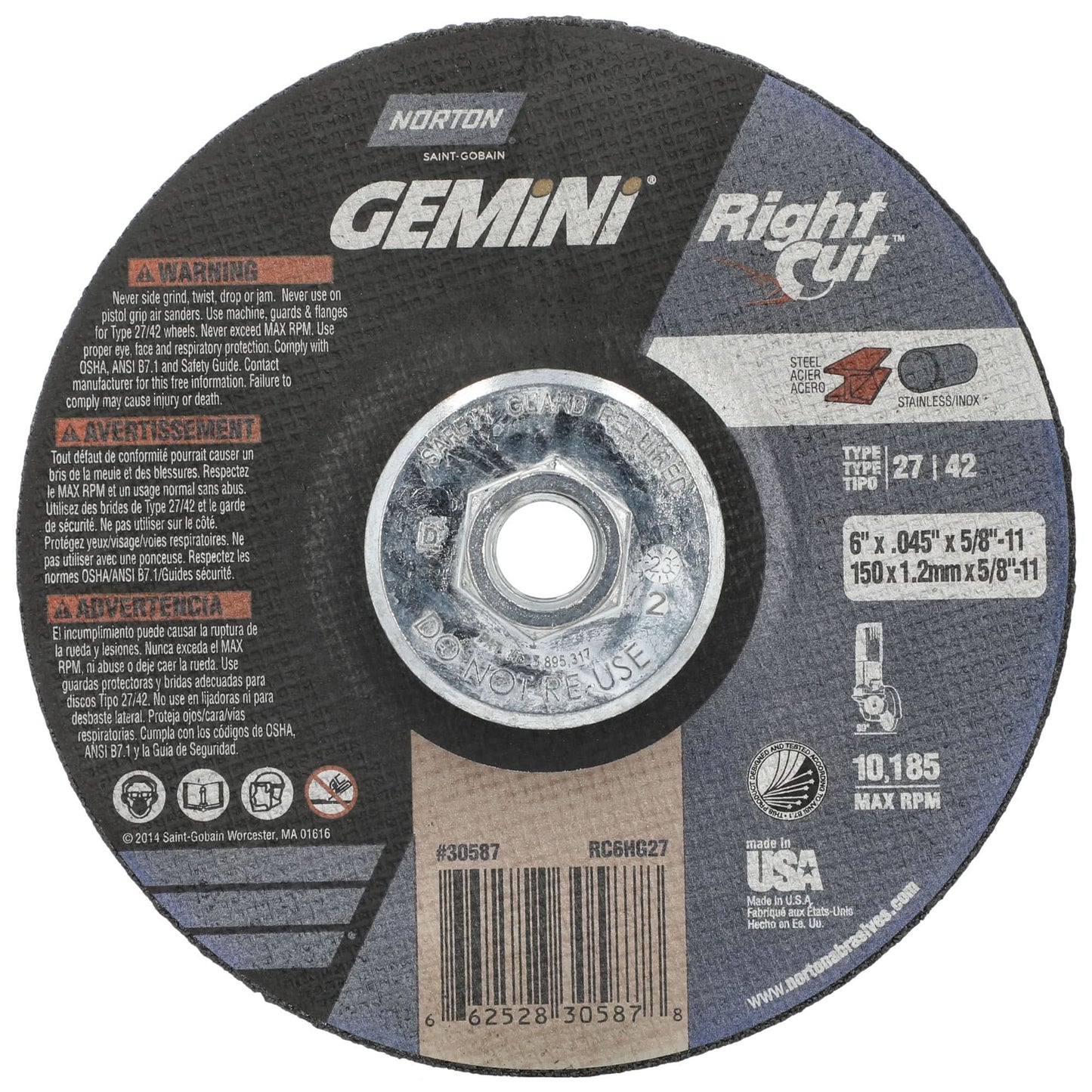 Gemini RightCut Right Angle Cut-Off Wheel, 6" x 0.045", 5/8"-11 Arbor, Type 27/42, Aluminum Oxide, 10185 RPM