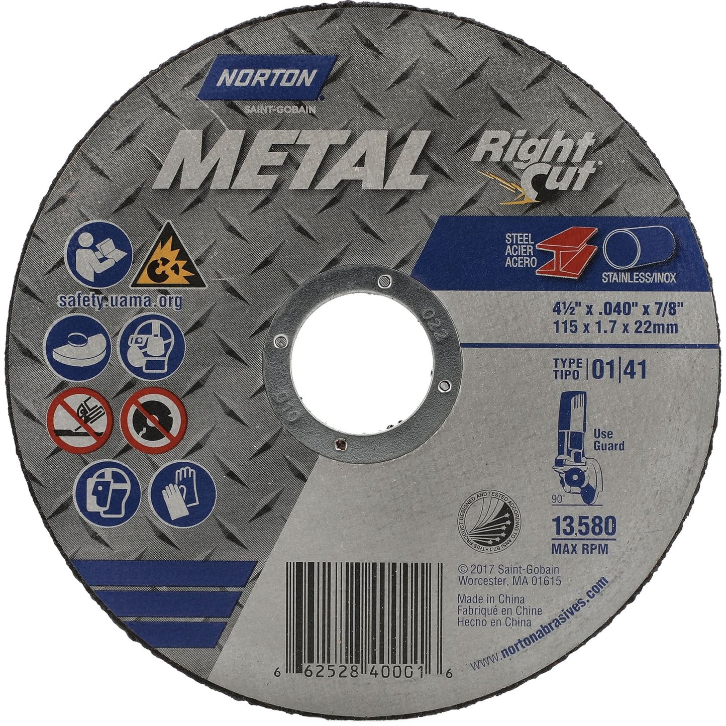 Metal RightCut Right Angle Cut-Off Wheel, 4-1/2" x 0.045", 7/8" Arbor, Type 01/41, Aluminum Oxide, 13580 RPM