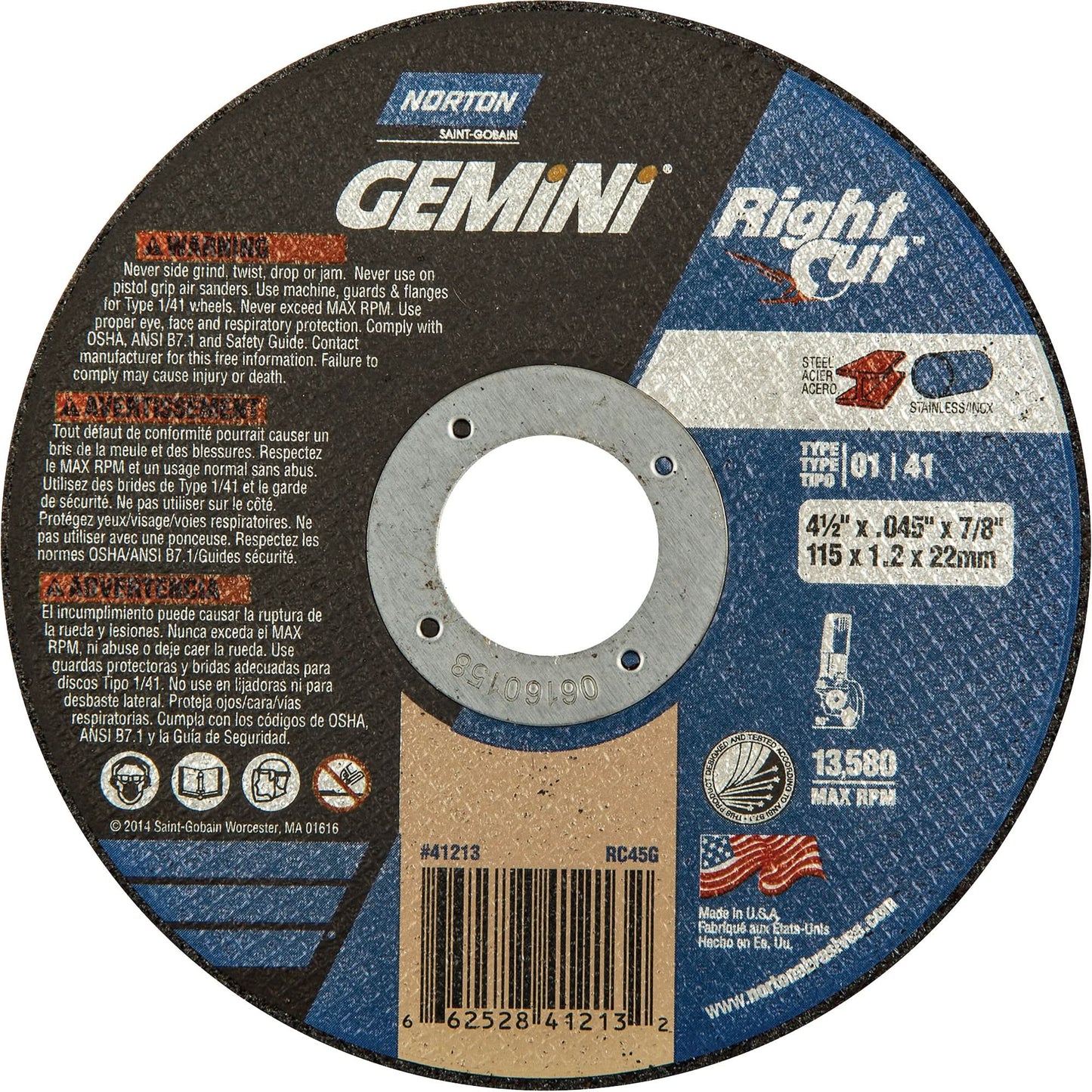 Gemini RightCut Right Angle Cut-Off Wheel, 4-1/2" x 0.045", 7/8" Arbor, Type 01/41, Aluminum Oxide, 13580 RPM