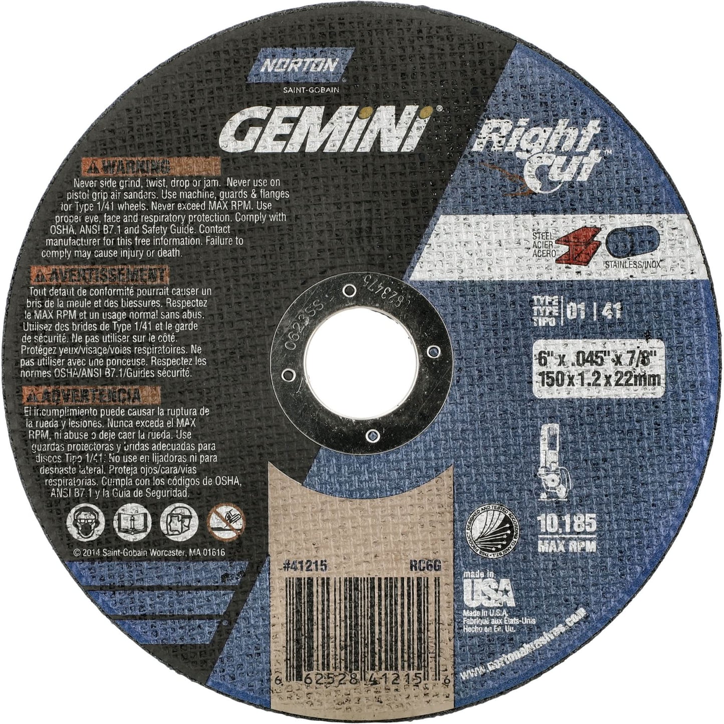 Gemini RightCut Right Angle Cut-Off Wheel, 6" x 0.045", 7/8" Arbor, Type 01/41, Aluminum Oxide, 10185 RPM