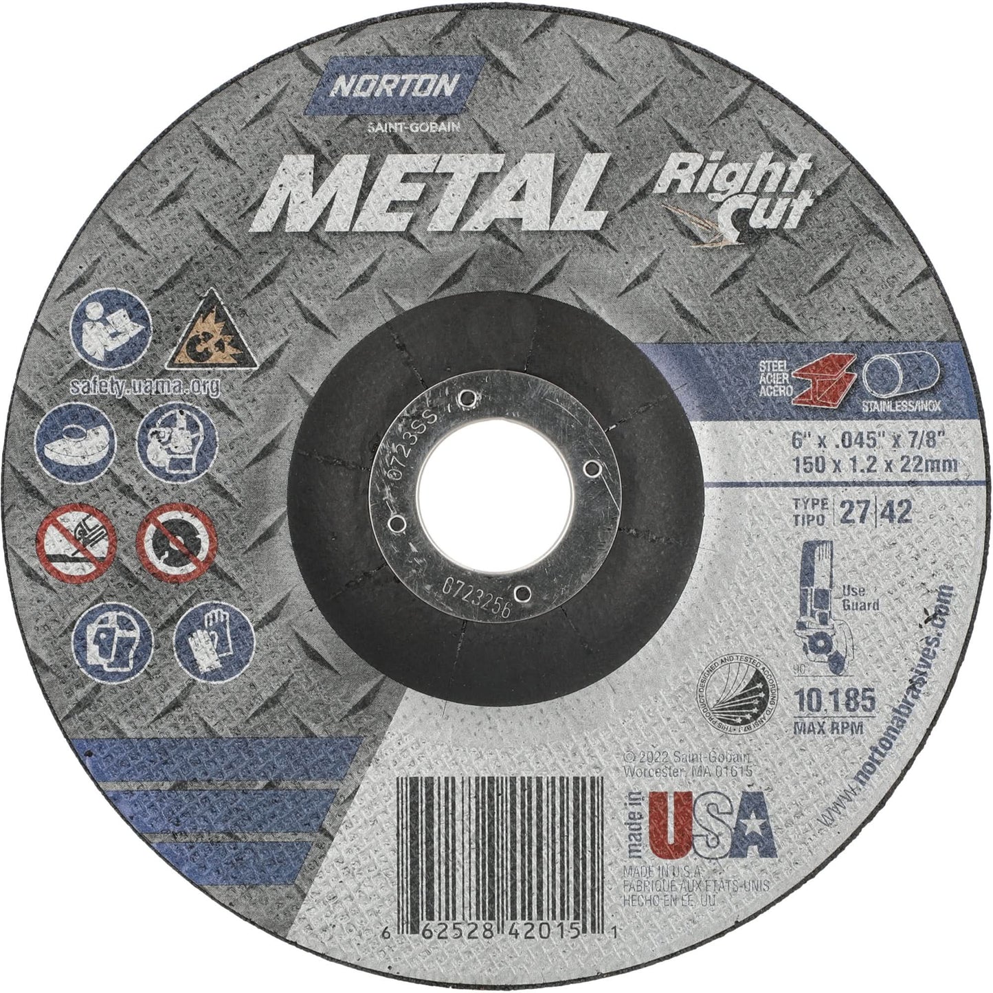 Metal RightCut Right Angle Cut-Off Wheel, 6" x 0.045", 7/8" Arbor, Type 27/42, Aluminum Oxide, 10190 RPM