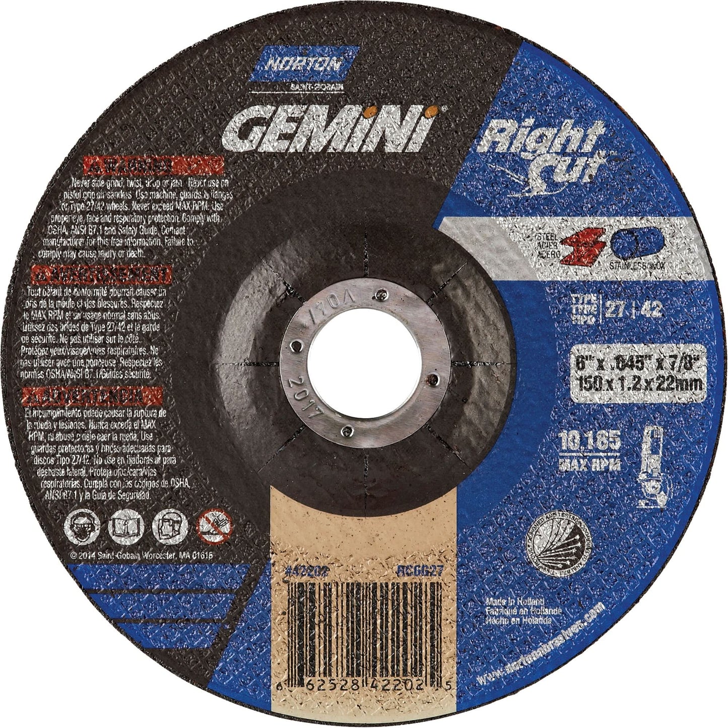 Gemini RightCut Right Angle Cut-Off Wheel, 6" x 0.045", 7/8" Arbor, Type 27/42, Aluminum Oxide, 10185 RPM