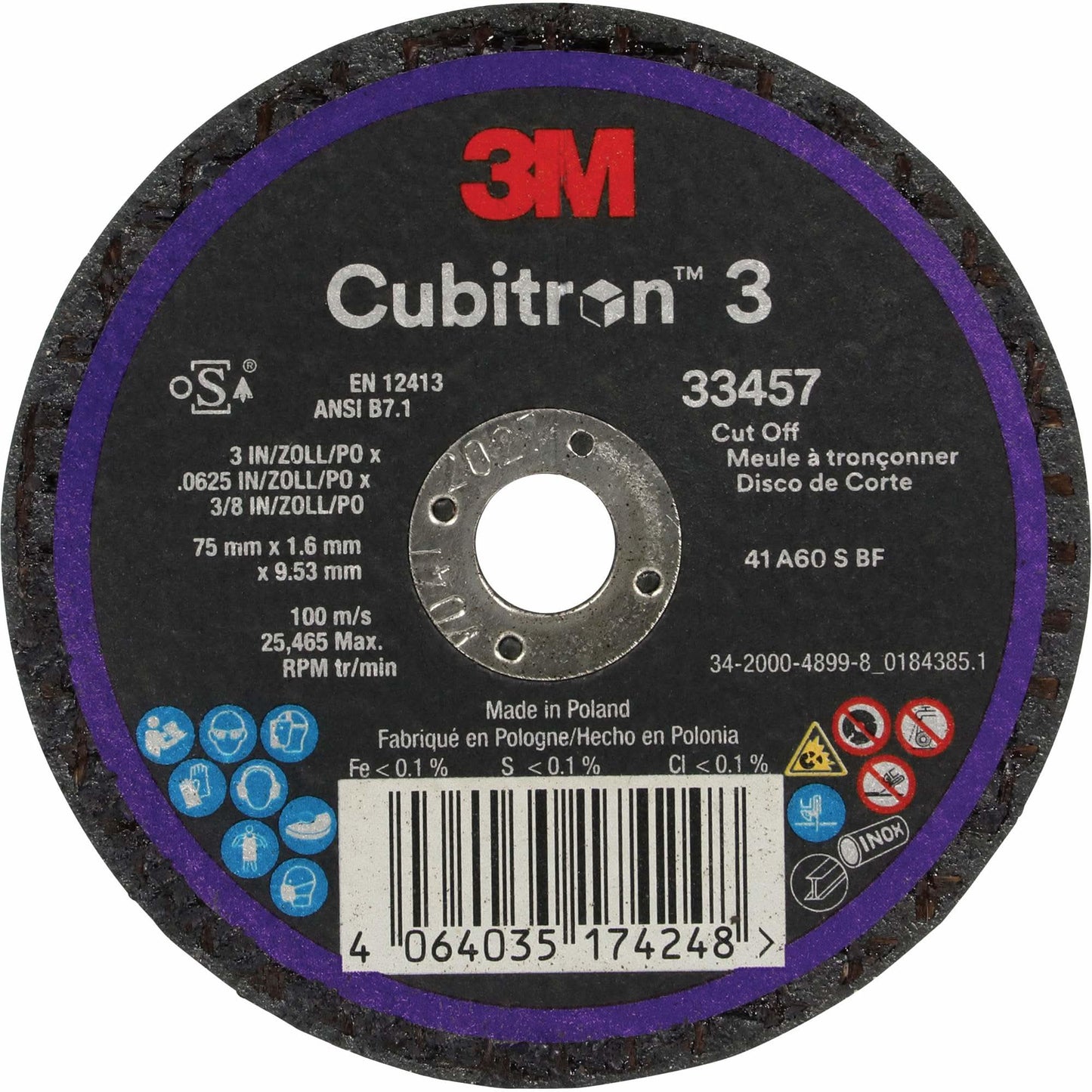 Cubitron™ 3 Cut-Off Wheel, 3" x 0.063", 3/8" Arbor, Ceramic