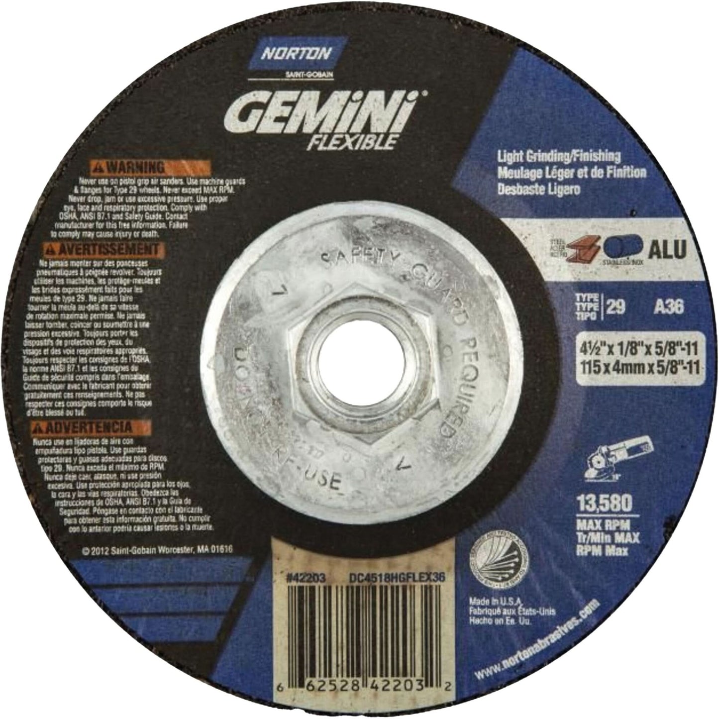 Gemini Flexible A AO Grinding and Cutting Wheel, 4-1/2" x 1/8", 5/8"-11 Arbor, Type 29, Aluminum Oxide, 13580 RPM