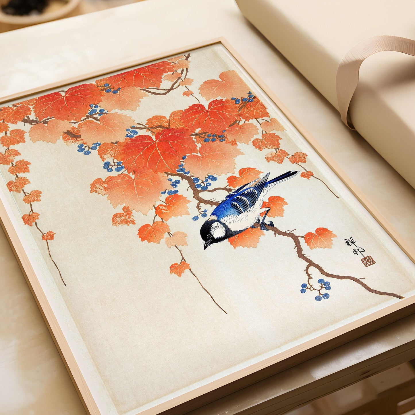 Ohara Koson - Great Tit on Paulownia Branch | PRINT | Vintage Orange Blue Japanese Shin-Hanga Kachō-E Art (available framed)